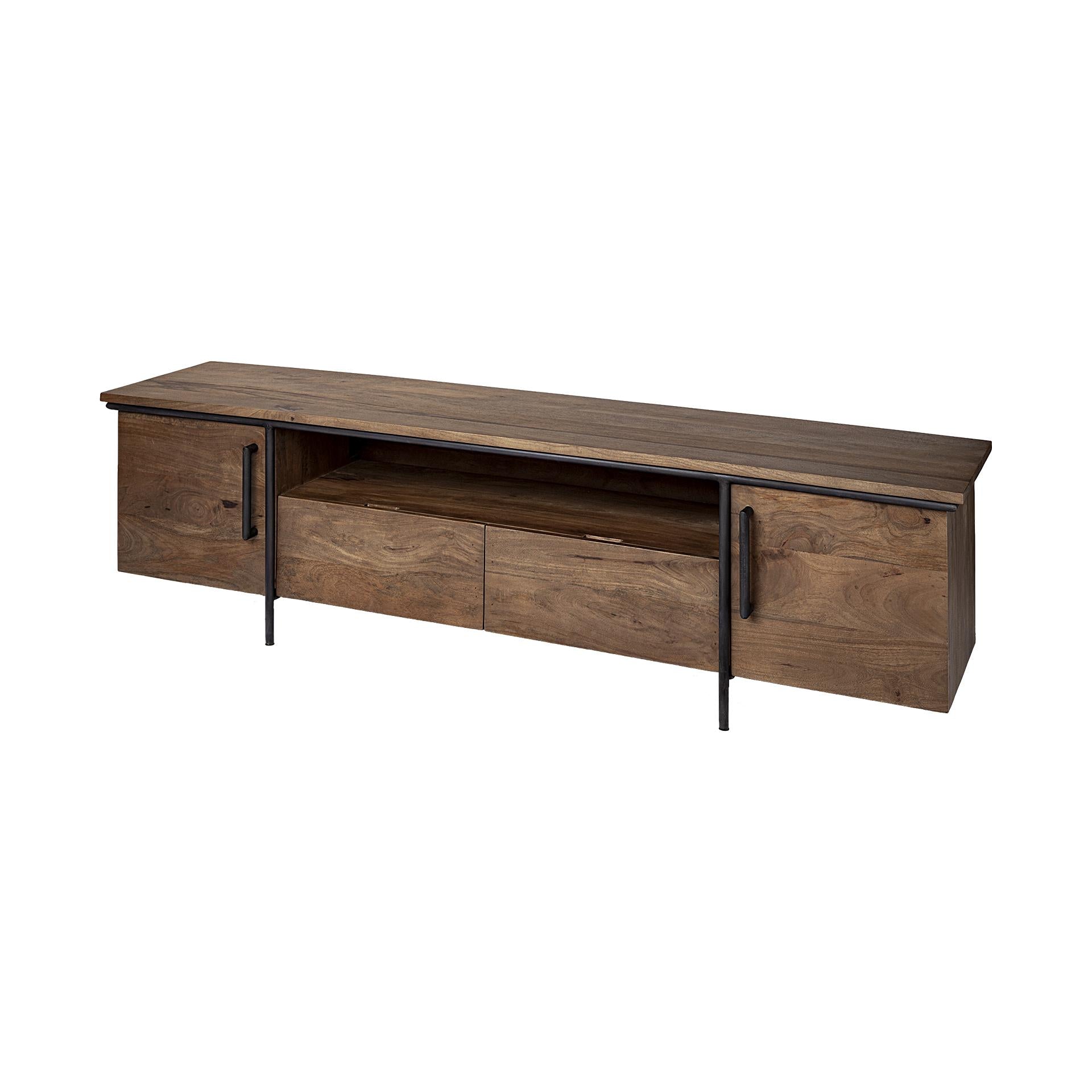 Medium Brown Solid Mango Wood Finish TV Stand Media Console With 4 Cabinets And Single Open Shelf