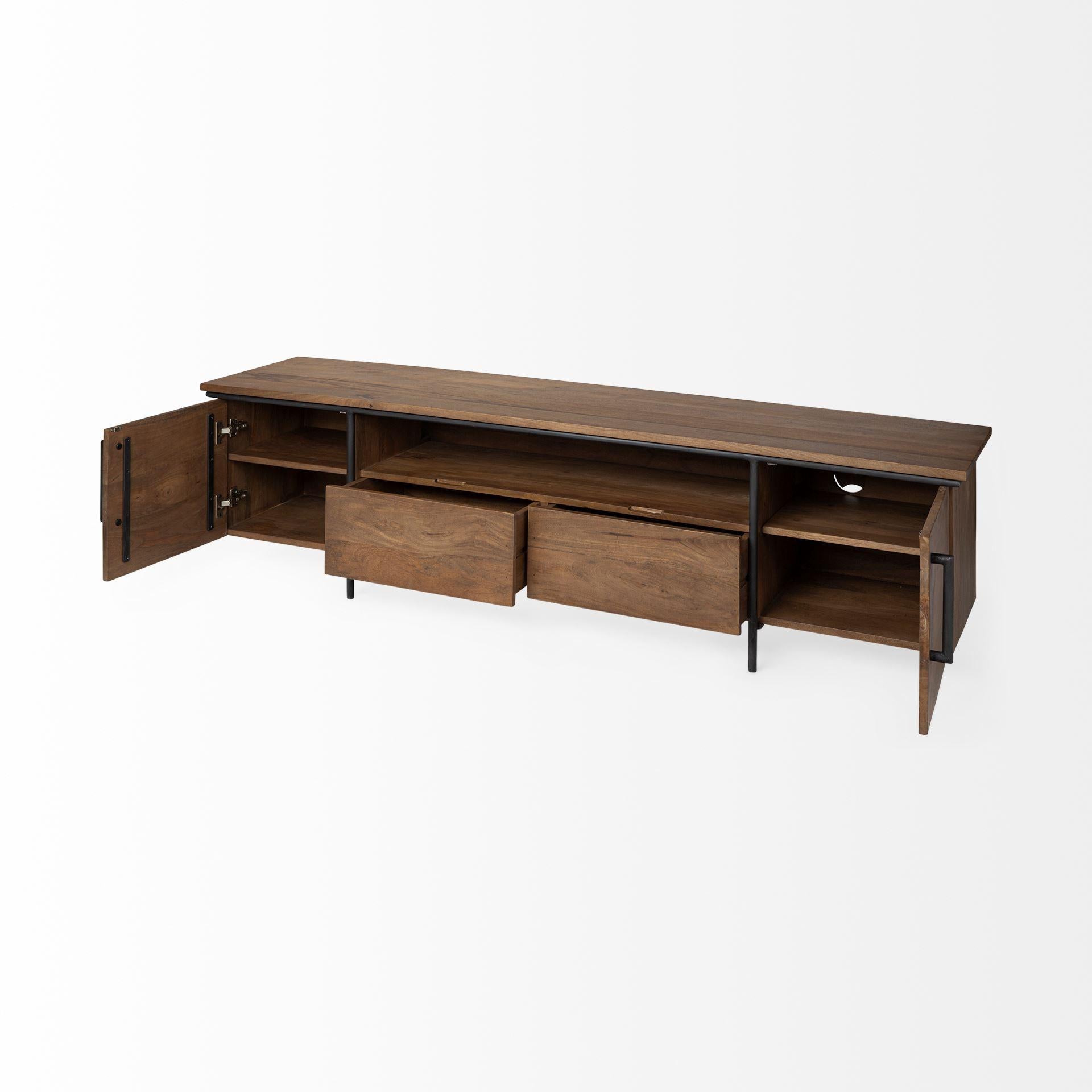 Medium Brown Solid Mango Wood Finish TV Stand Media Console With 4 Cabinets And Single Open Shelf