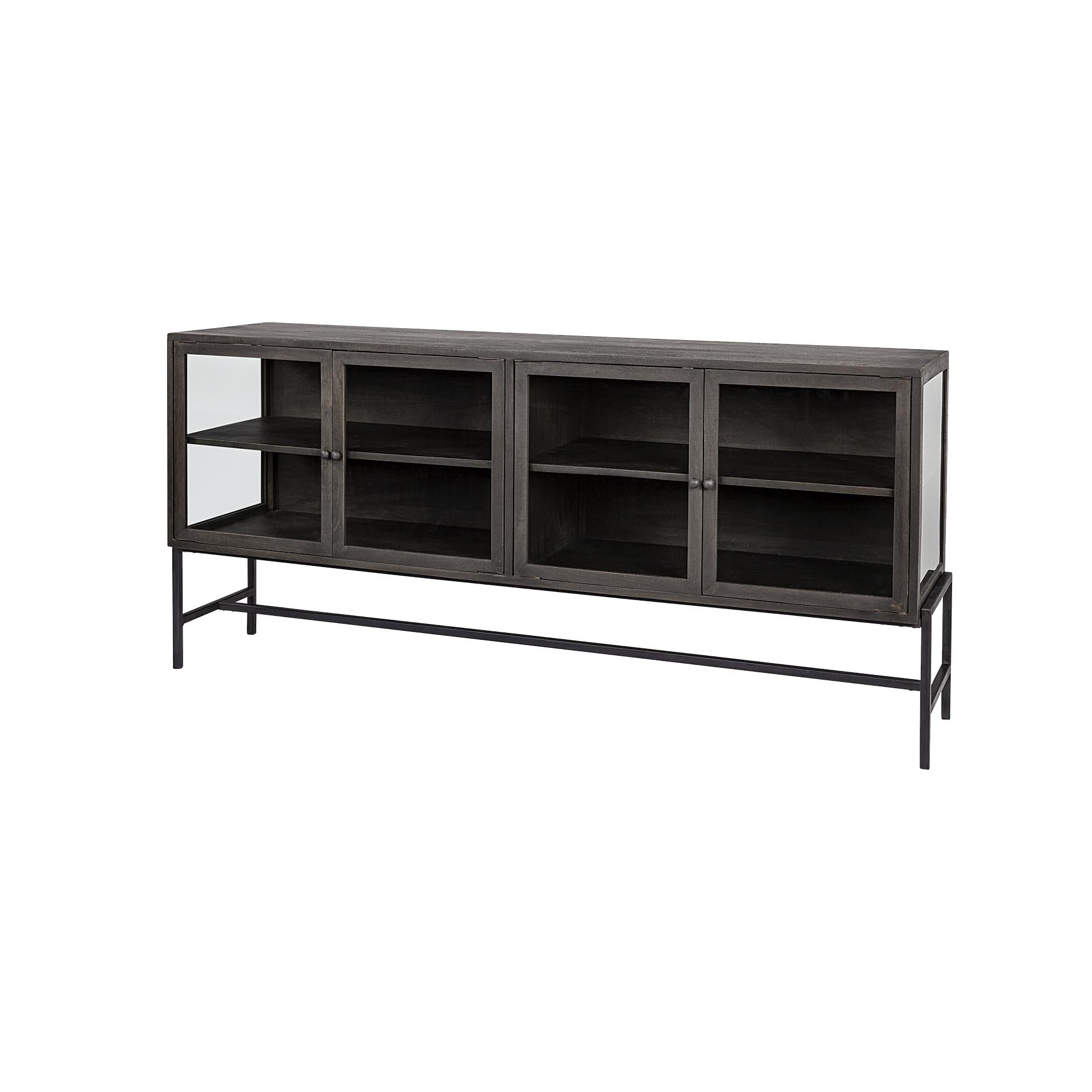 Black Solid Mango Wood Finish SideBoard With 4 Glass Cabinet Doors