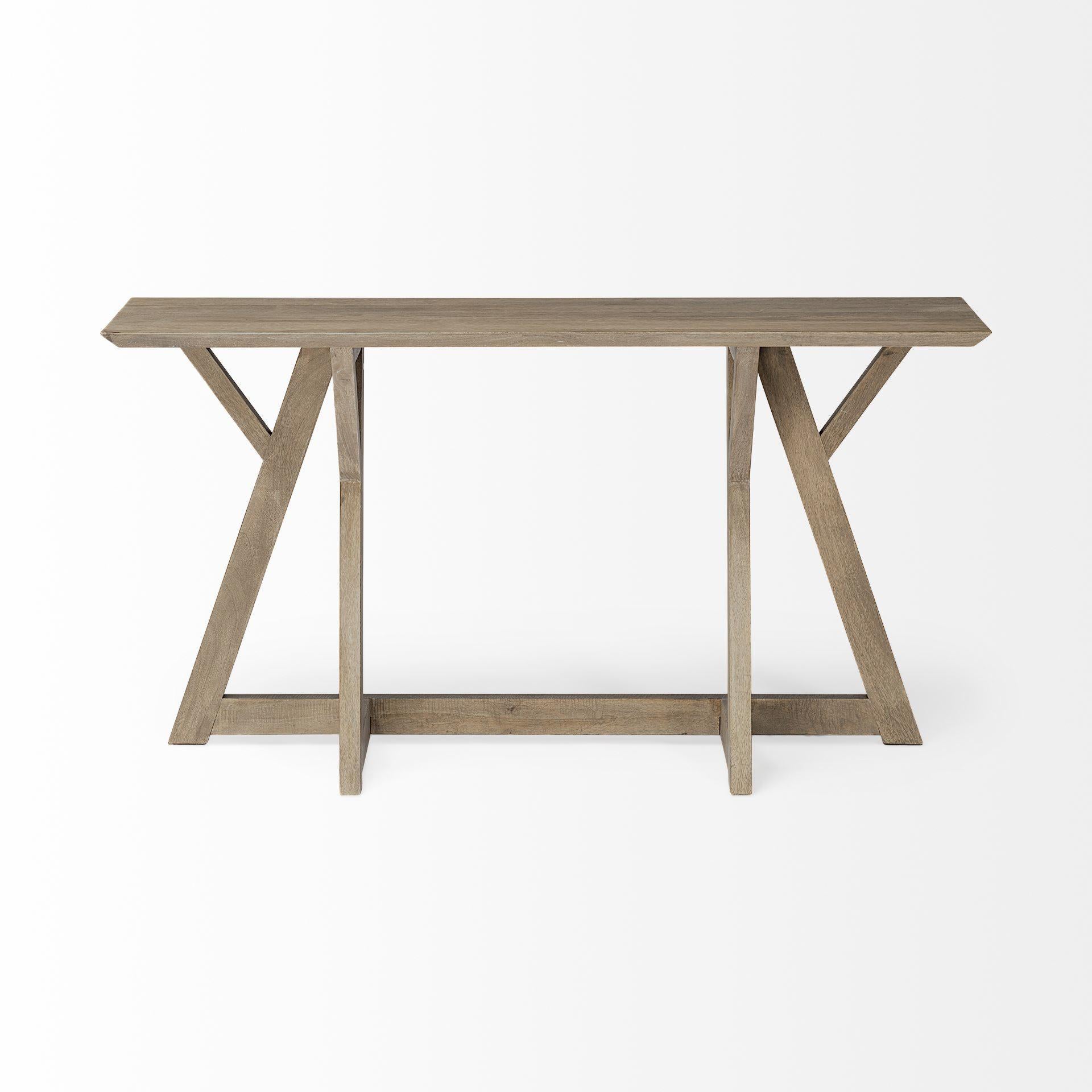 Rectangular Light Brown Mango Wood Finish Console Table With Geometrically Wooden Frame And Base