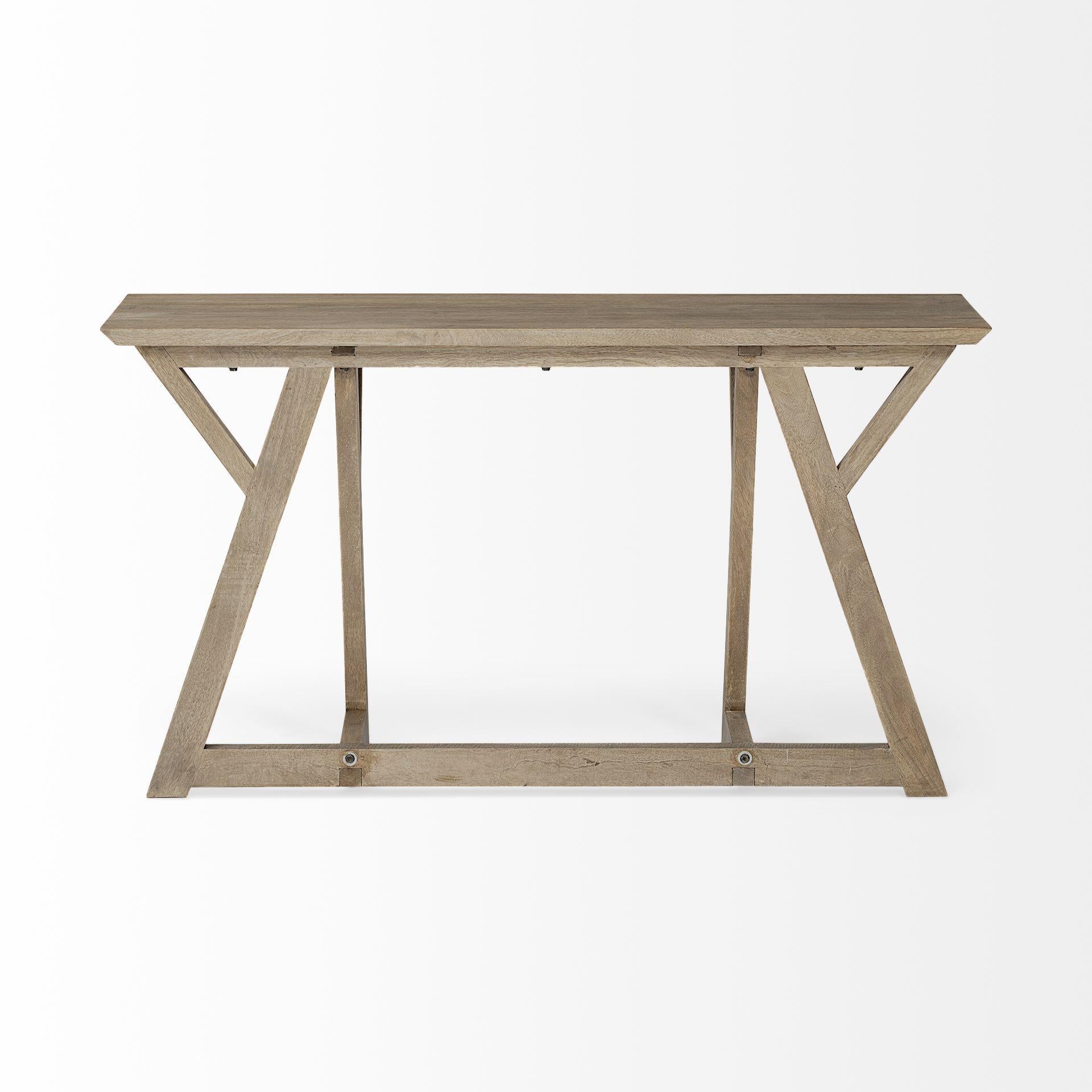 Rectangular Light Brown Mango Wood Finish Console Table With Geometrically Wooden Frame And Base