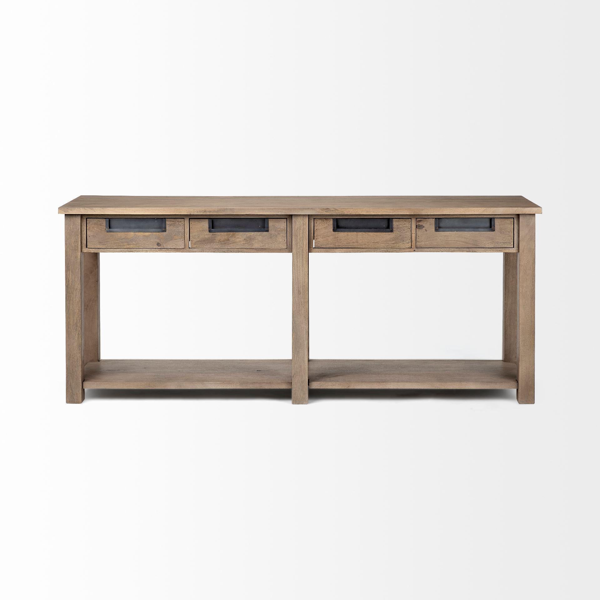 Light Brown Mango Wood Finish Console Table With 4 Drawers