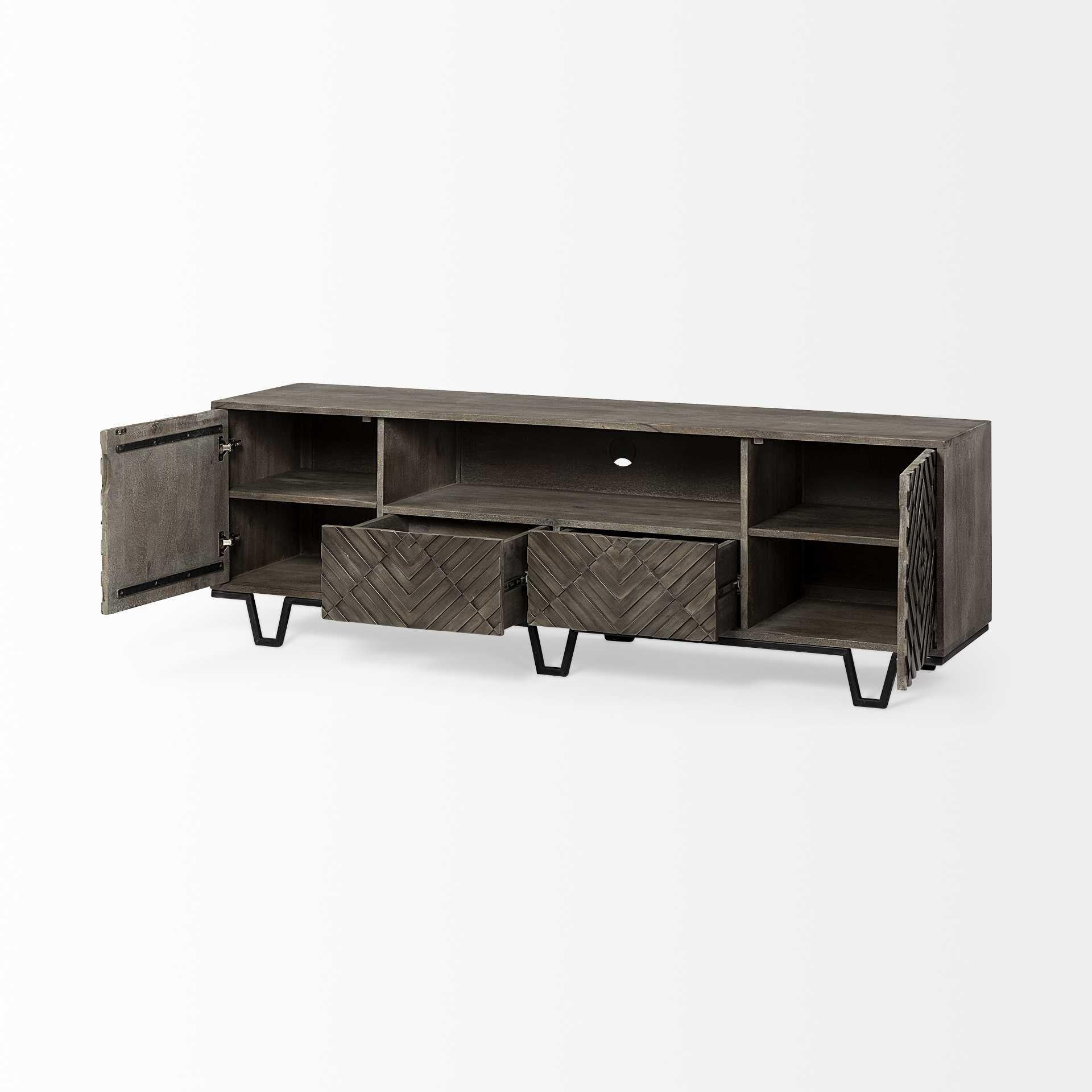 Medium Brown Wood TV Stand Media Console With 4 doors And Small Media Shelf