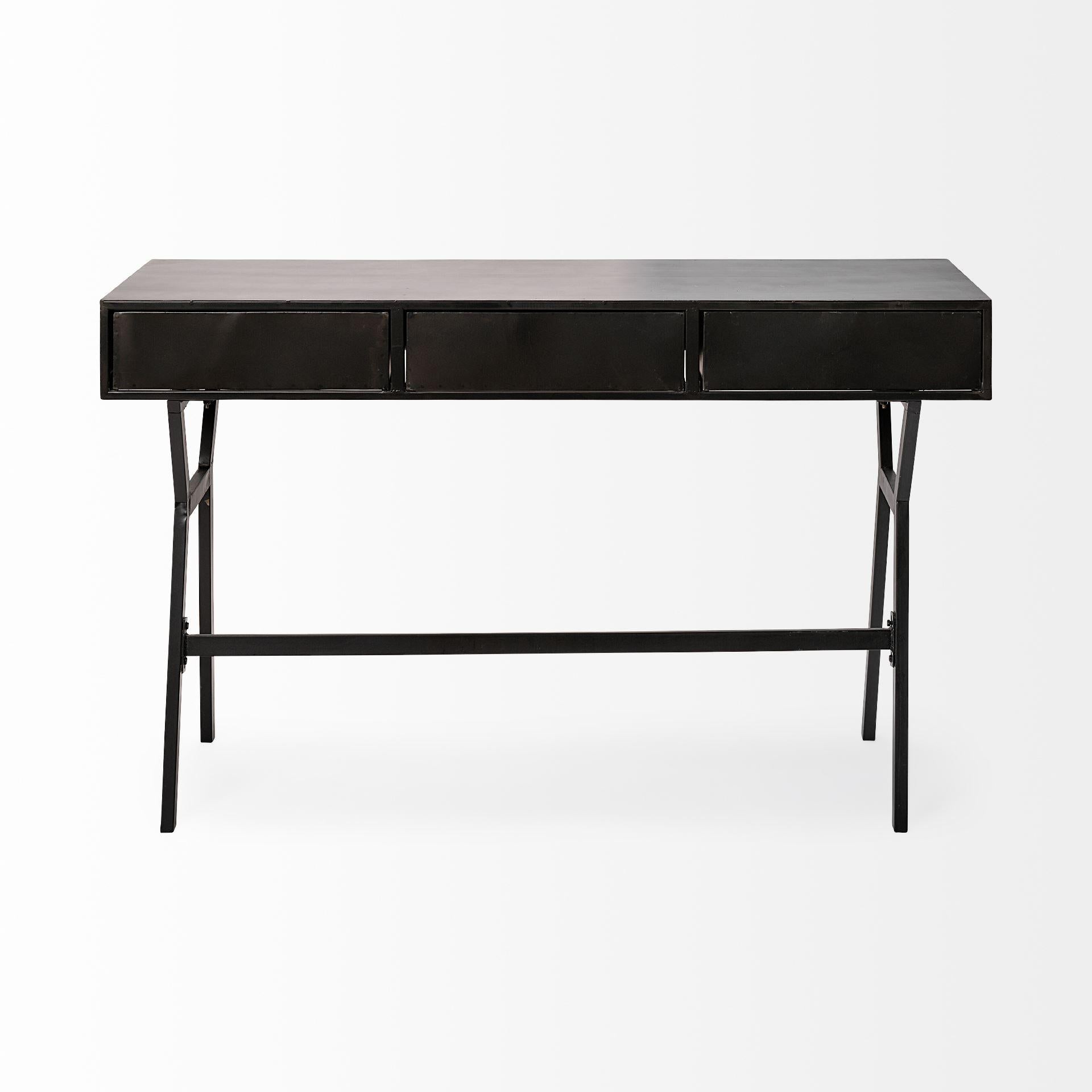 Black Metal Matte Finish Writing Desk With 3 Drawers