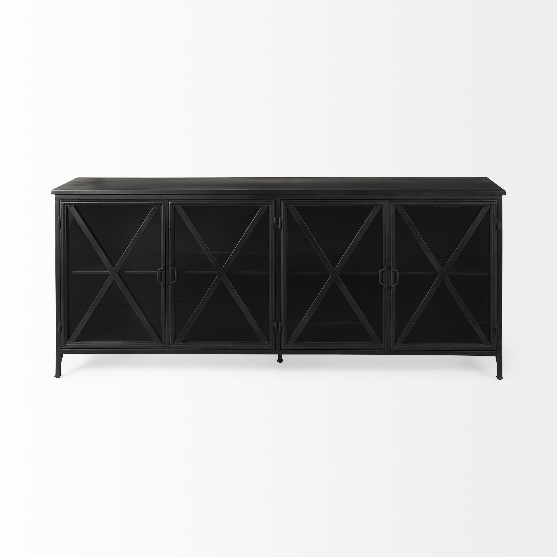 Black Solid Metallic Bronze Finish Sideboard With 4 Glass Cabinet Doors