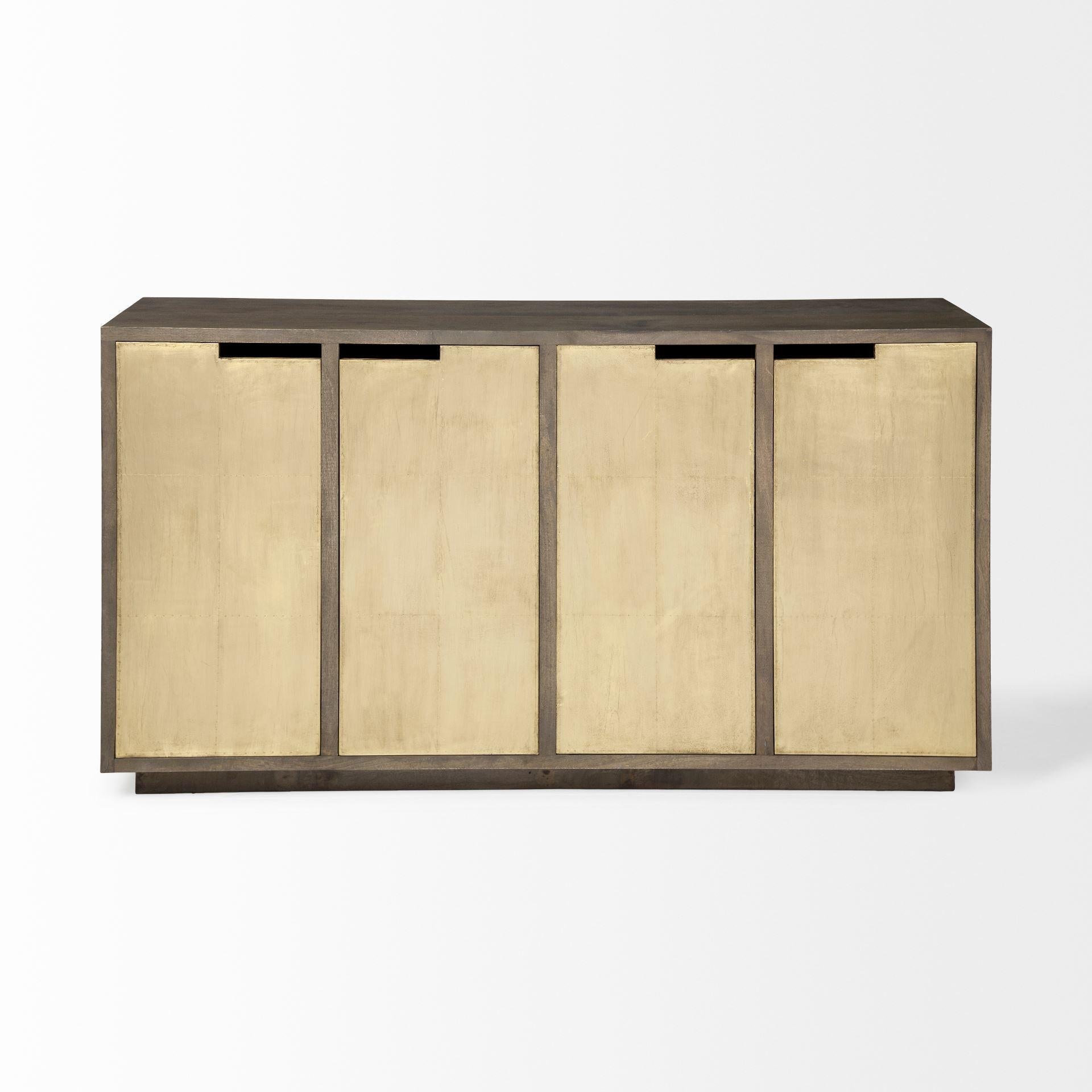 Brown Solid Mango Wood Frame Sideboard With 4 Gold Metal Cladded Cabinets