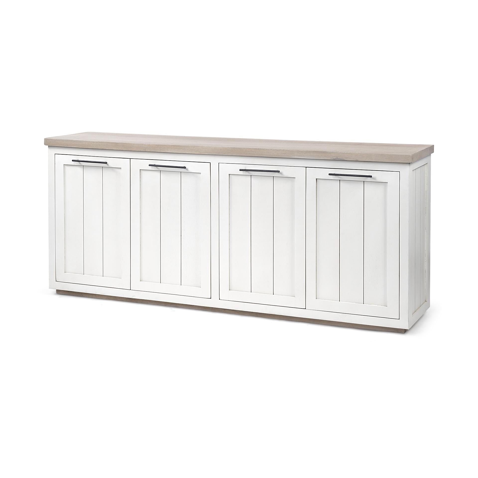 Brown Solid Mango Wood Top & White Frame Sideboard with 4 Cabinet Doors