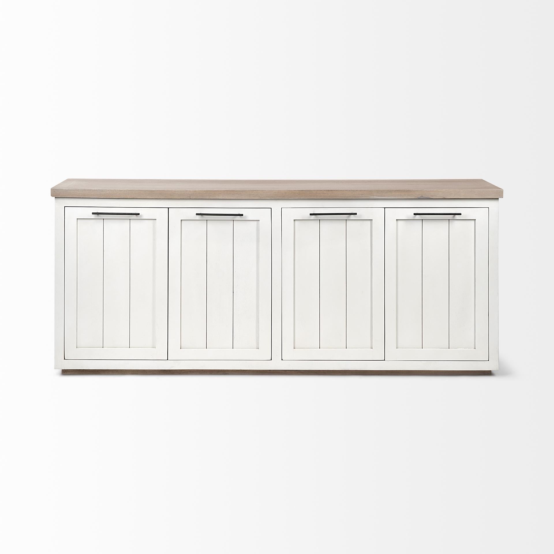 Brown Solid Mango Wood Top & White Frame Sideboard with 4 Cabinet Doors