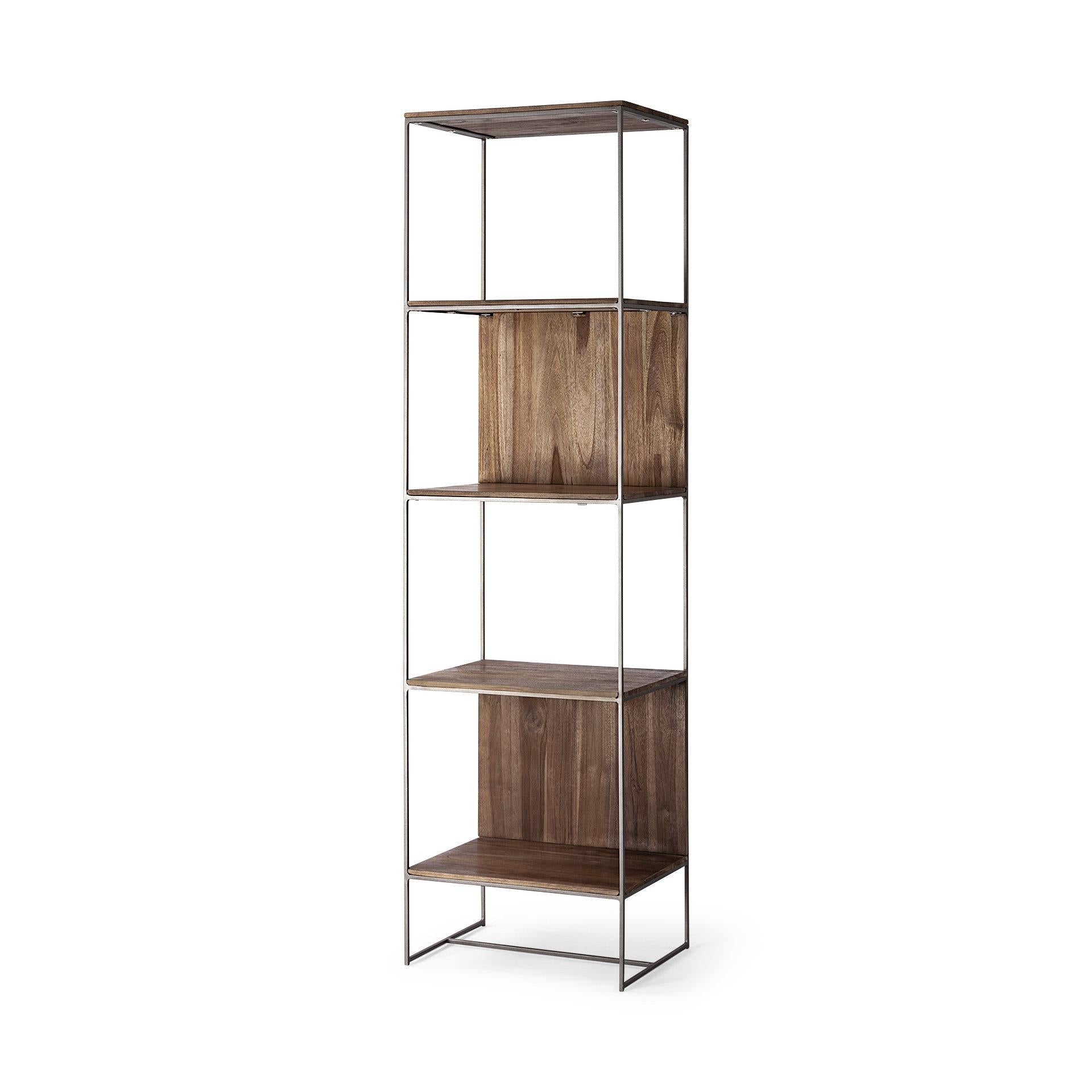 Brown Wood and Silver Metal Frame with 4 Shelf Shelving Unit