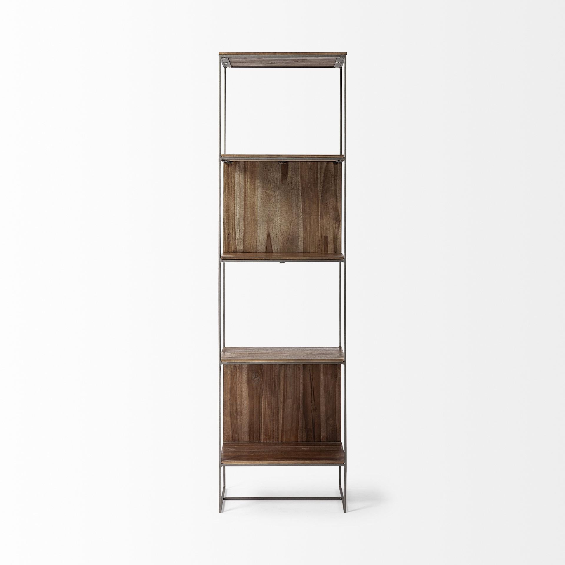 Brown Wood and Silver Metal Frame with 4 Shelf Shelving Unit