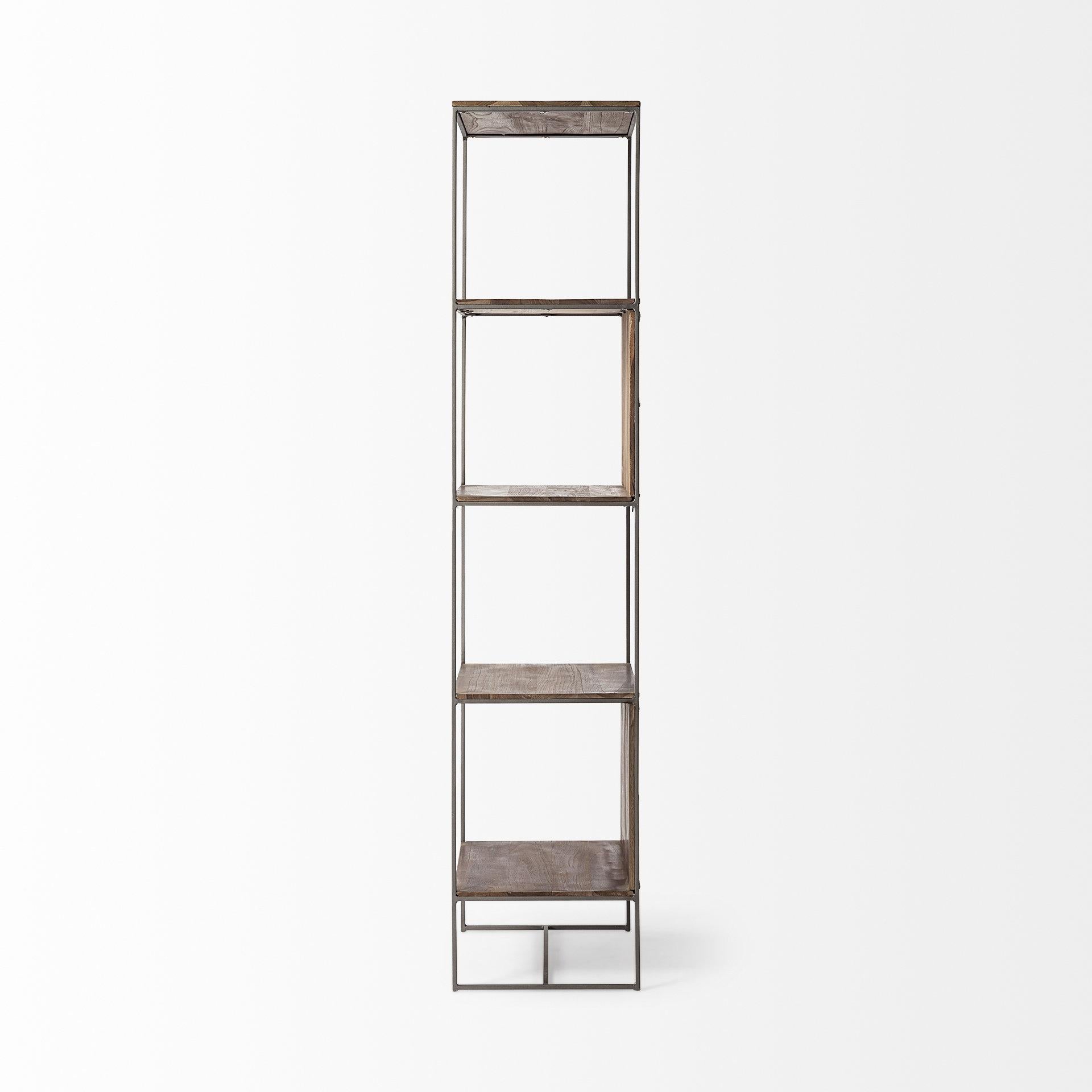 Brown Wood and Silver Metal Frame with 4 Shelf Shelving Unit