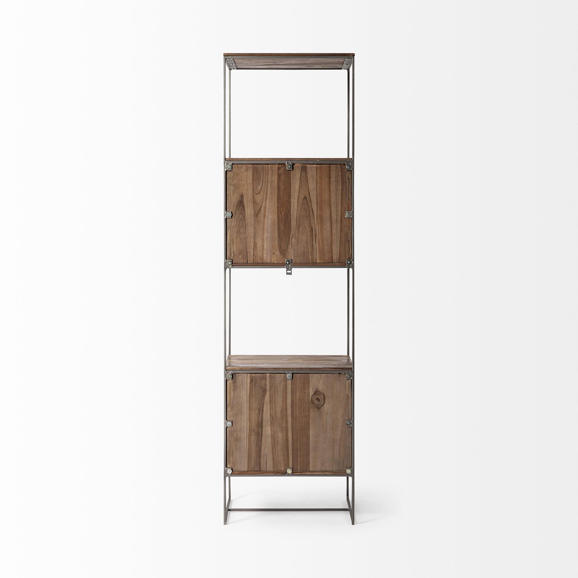 Brown Wood and Silver Metal Frame with 4 Shelf Shelving Unit