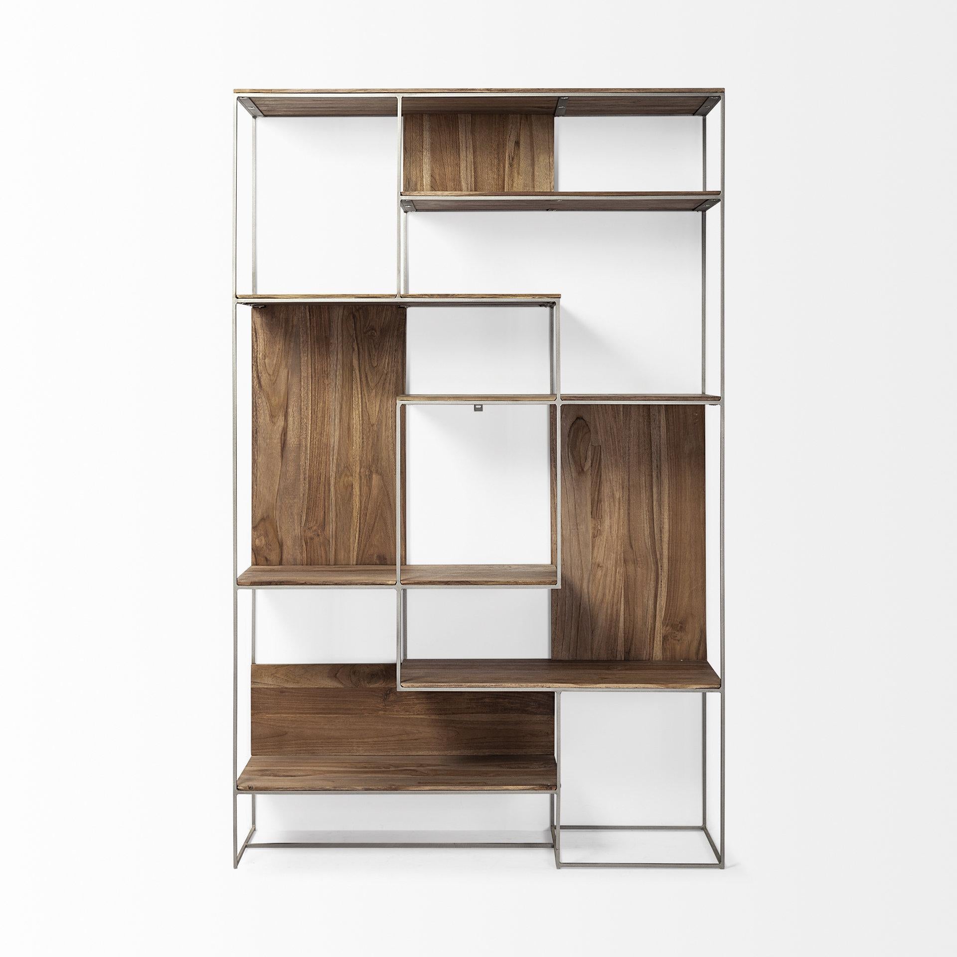 Brown Wood and Silver Metal Frame with 6 Shelf Shelving Unit