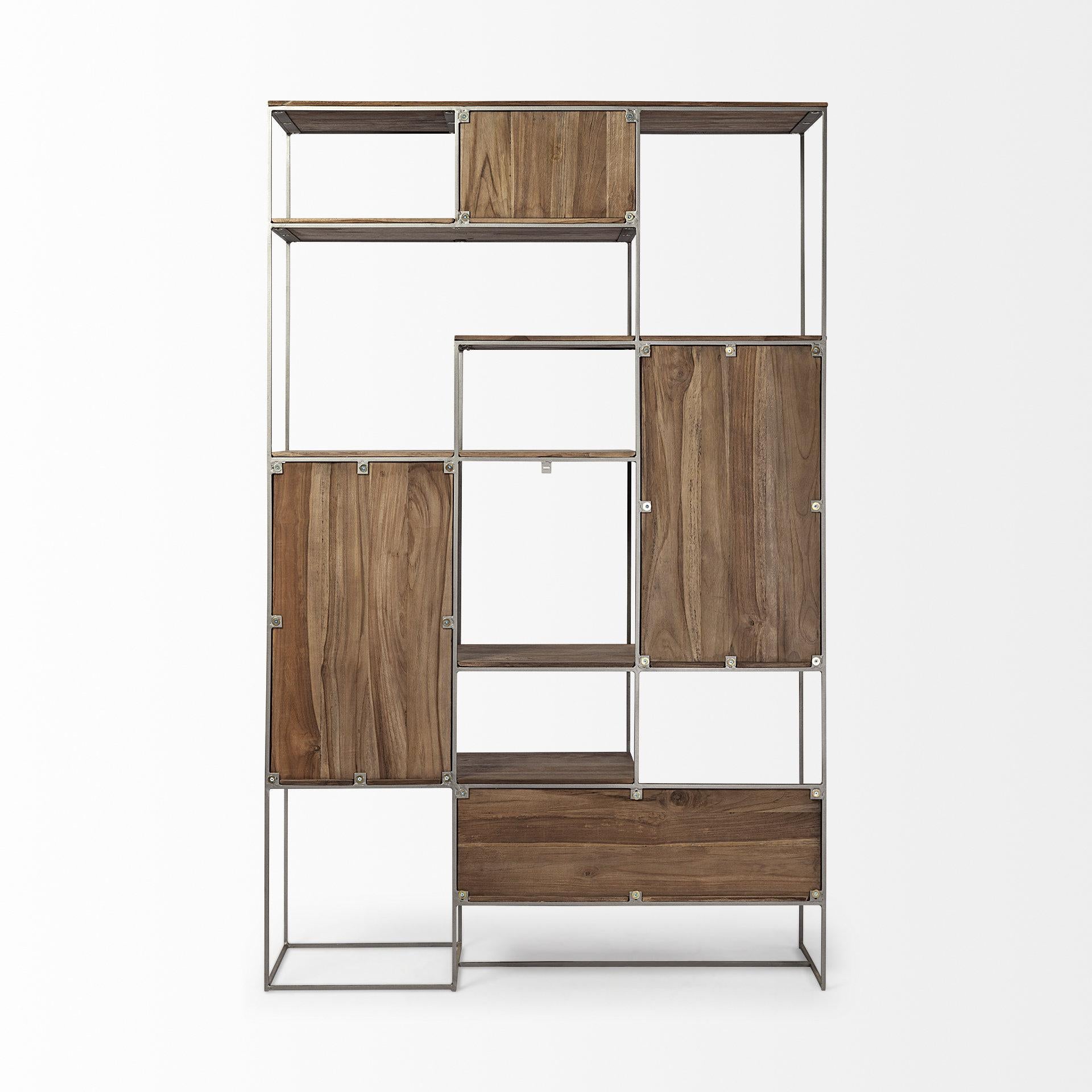 Brown Wood and Silver Metal Frame with 6 Shelf Shelving Unit