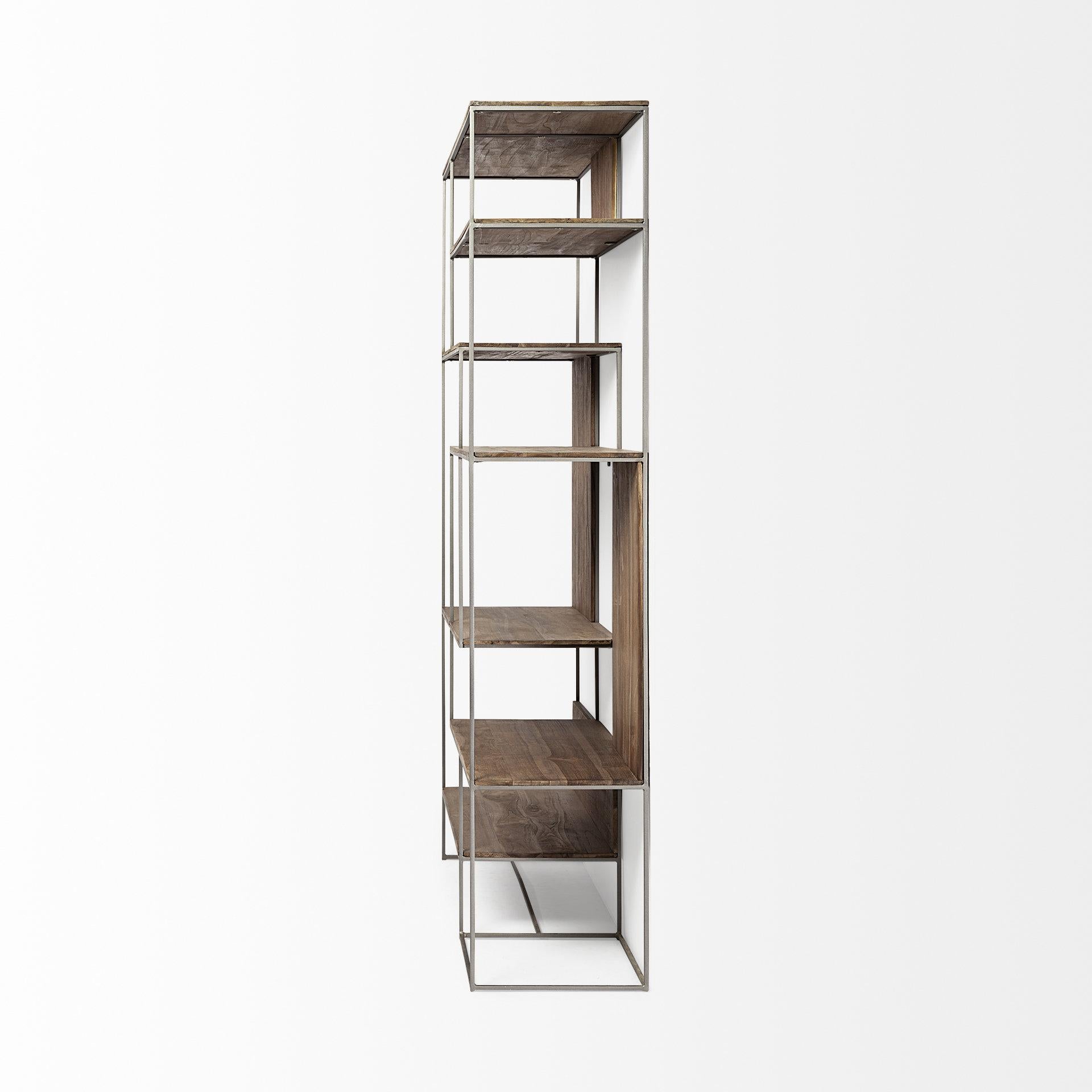 Brown Wood and Silver Metal Frame with 6 Shelf Shelving Unit