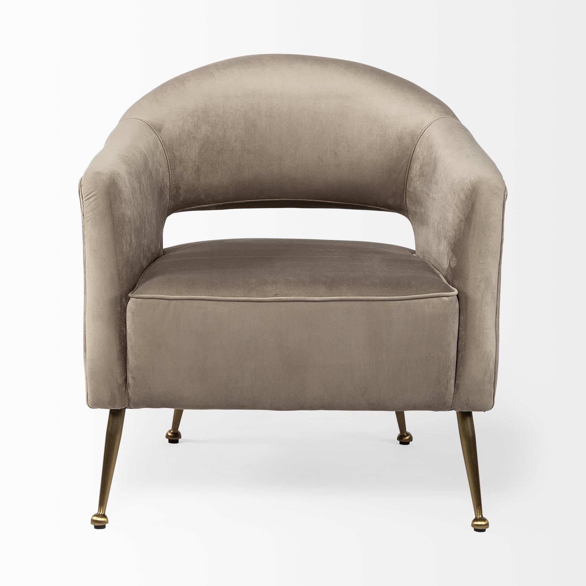 Taupe Velvet Wrap Brass Accent Chair with Metal Base