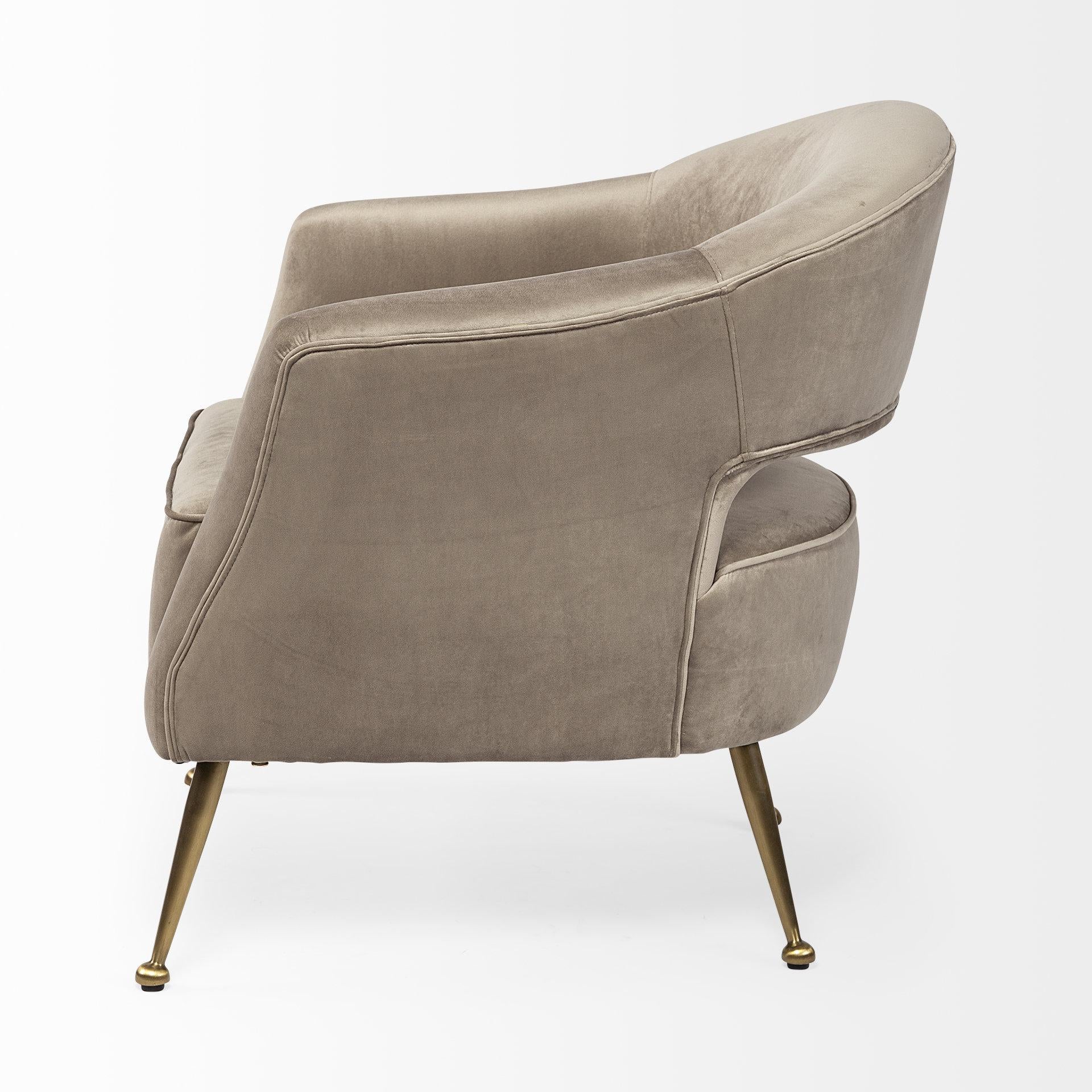 Taupe Velvet Wrap Brass Accent Chair with Metal Base