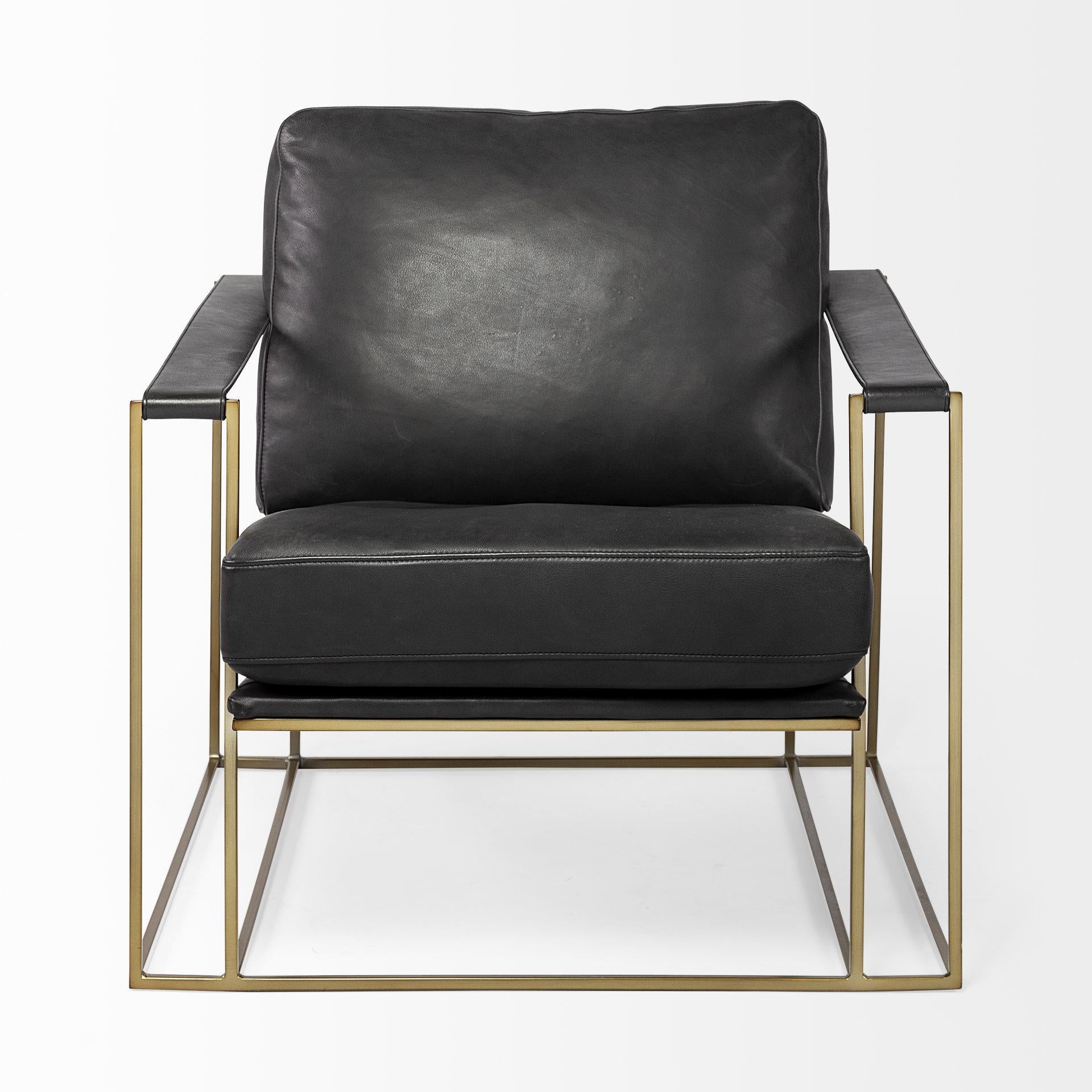 Black Leather Wrap Gold Accent Chair with Metal Frame