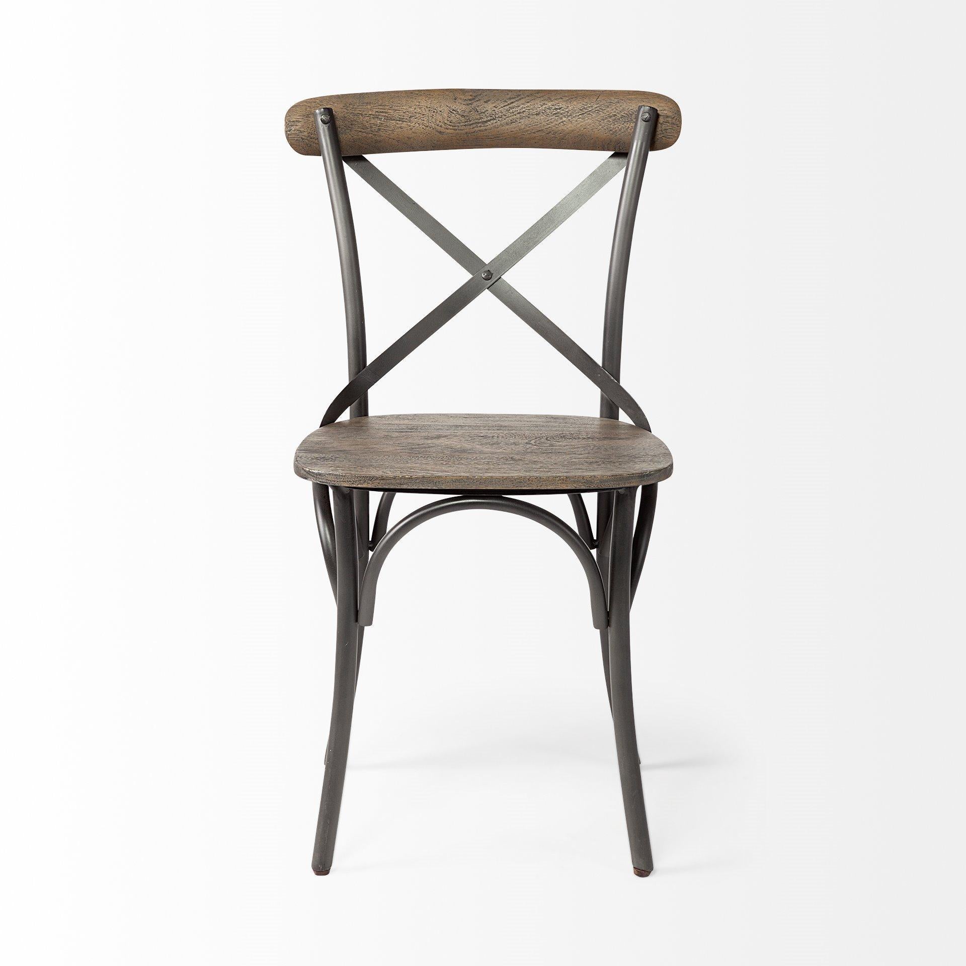 Brown Solid Wood Seat with Grey Iron Frame Dining Chair