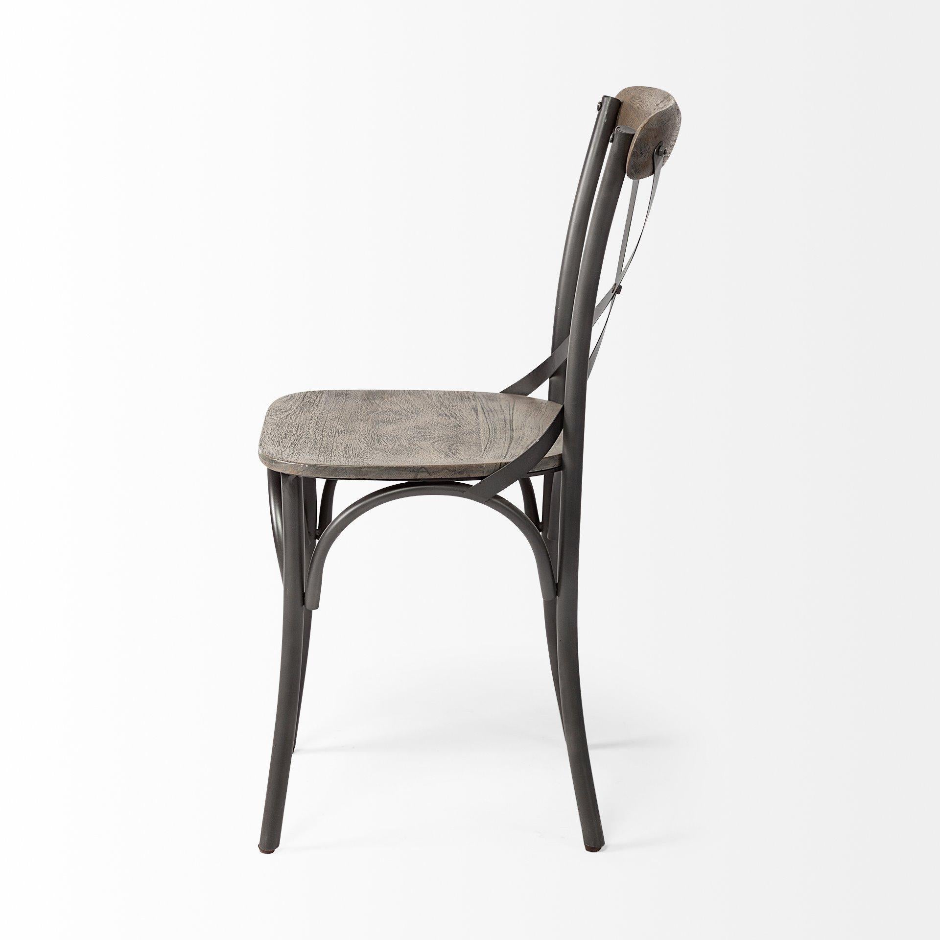 Brown Solid Wood Seat with Grey Iron Frame Dining Chair