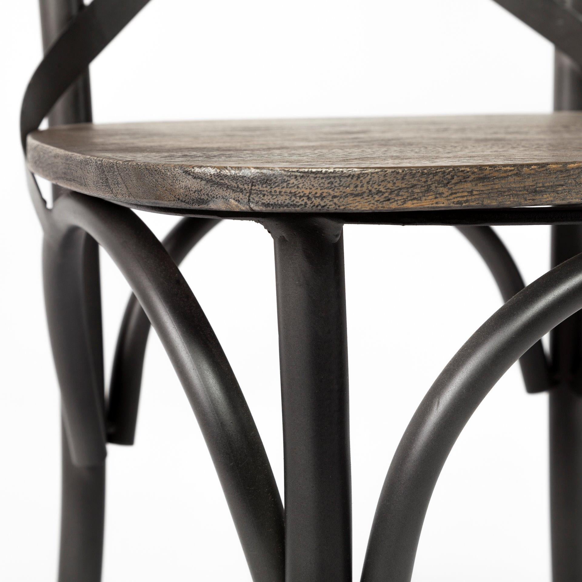 Brown Solid Wood Seat with Grey Iron Frame Dining Chair