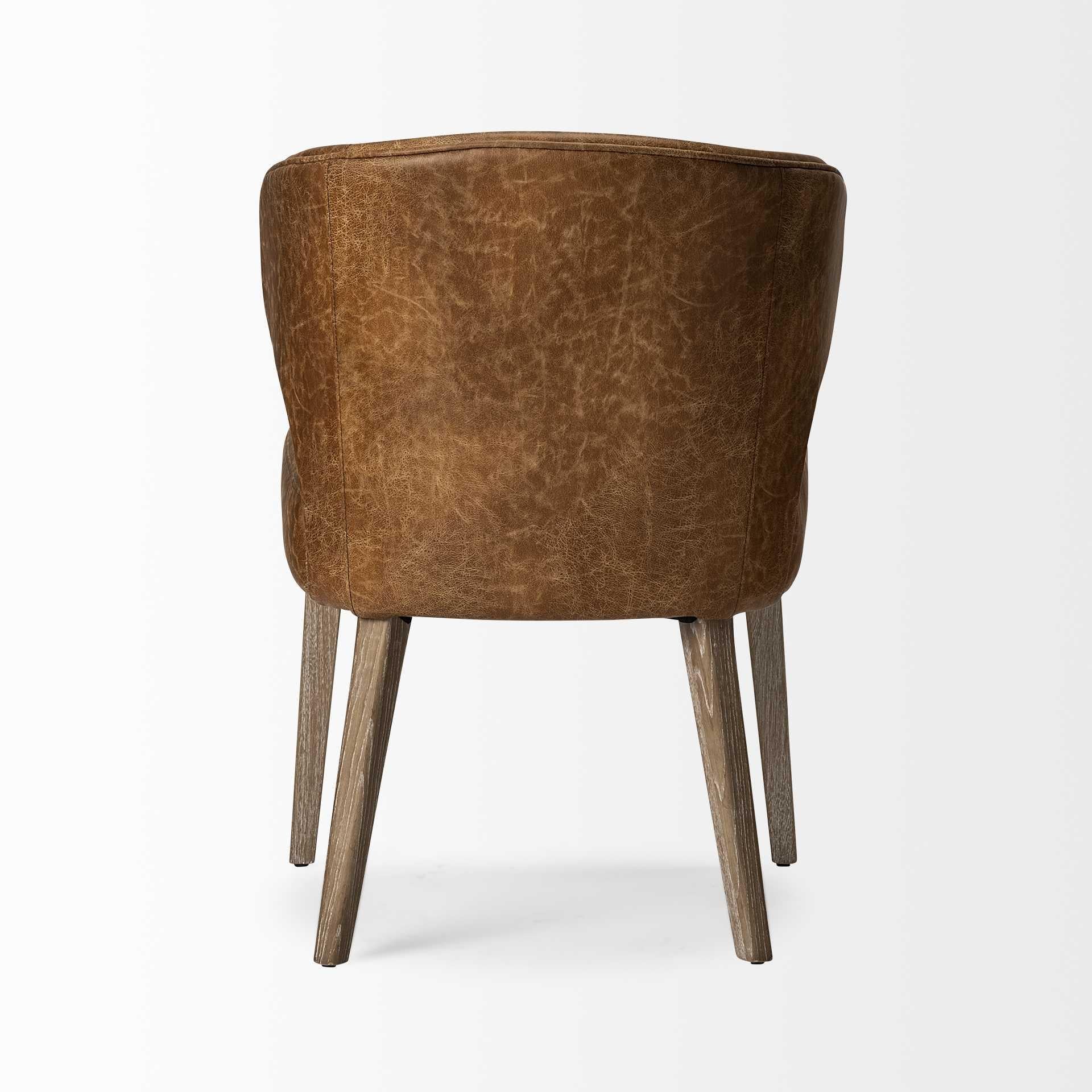 Brown Toned Leather with Brown Wooden Base Dining Chair