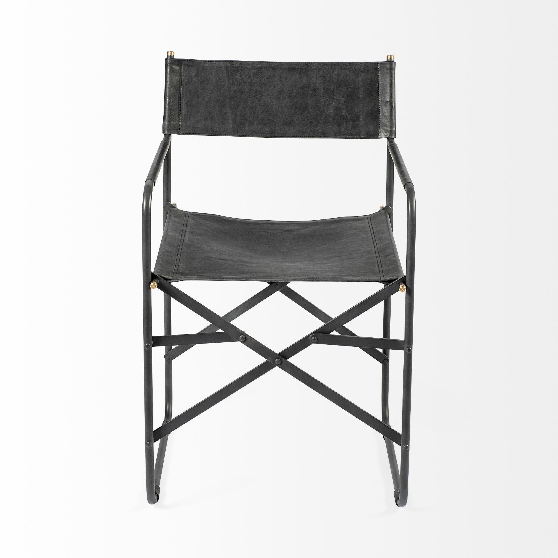 Black Leather with Black Iron Frame Dining Chair