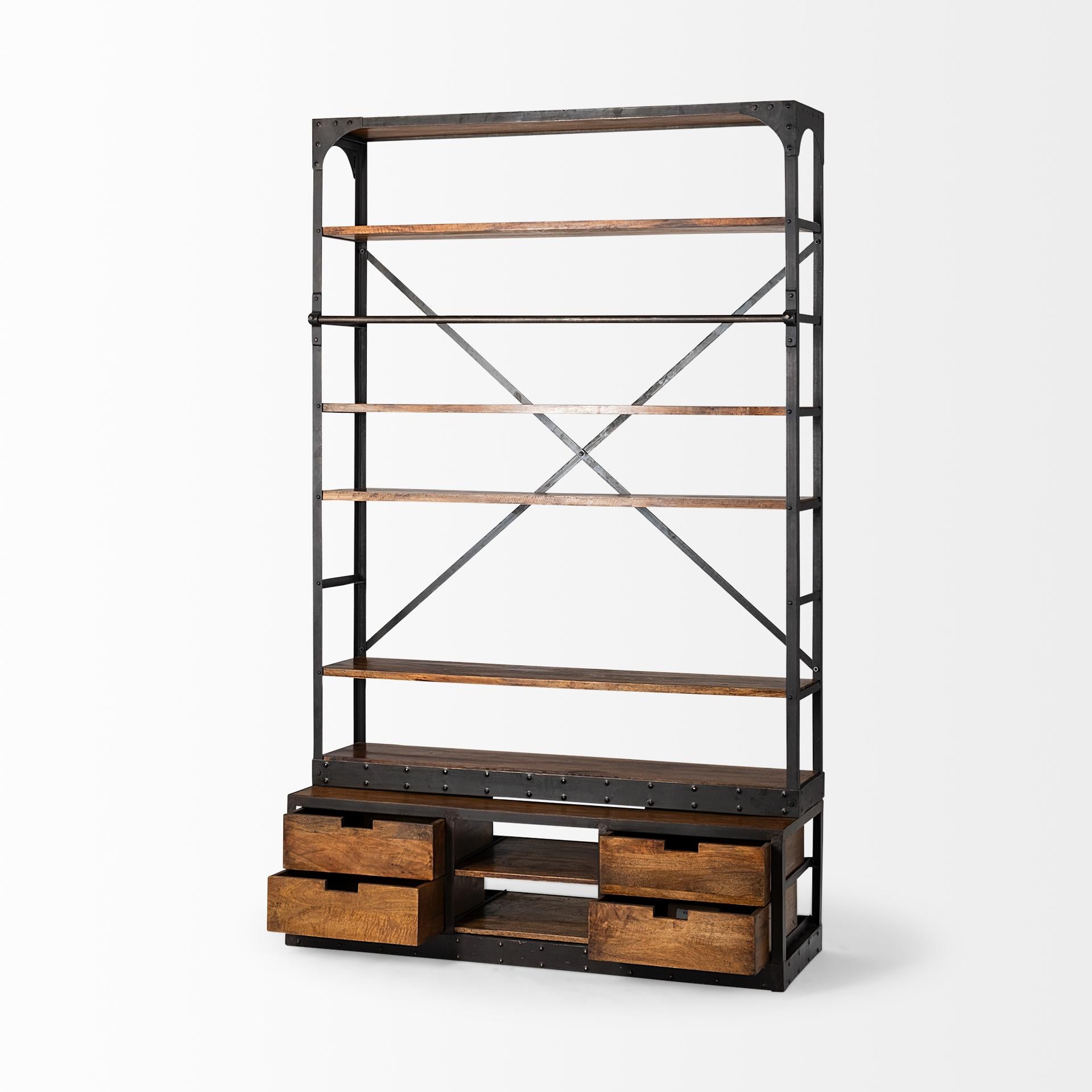 Medium Brown Wood Shelving Unit with Copper Ladder and 4 Shelves