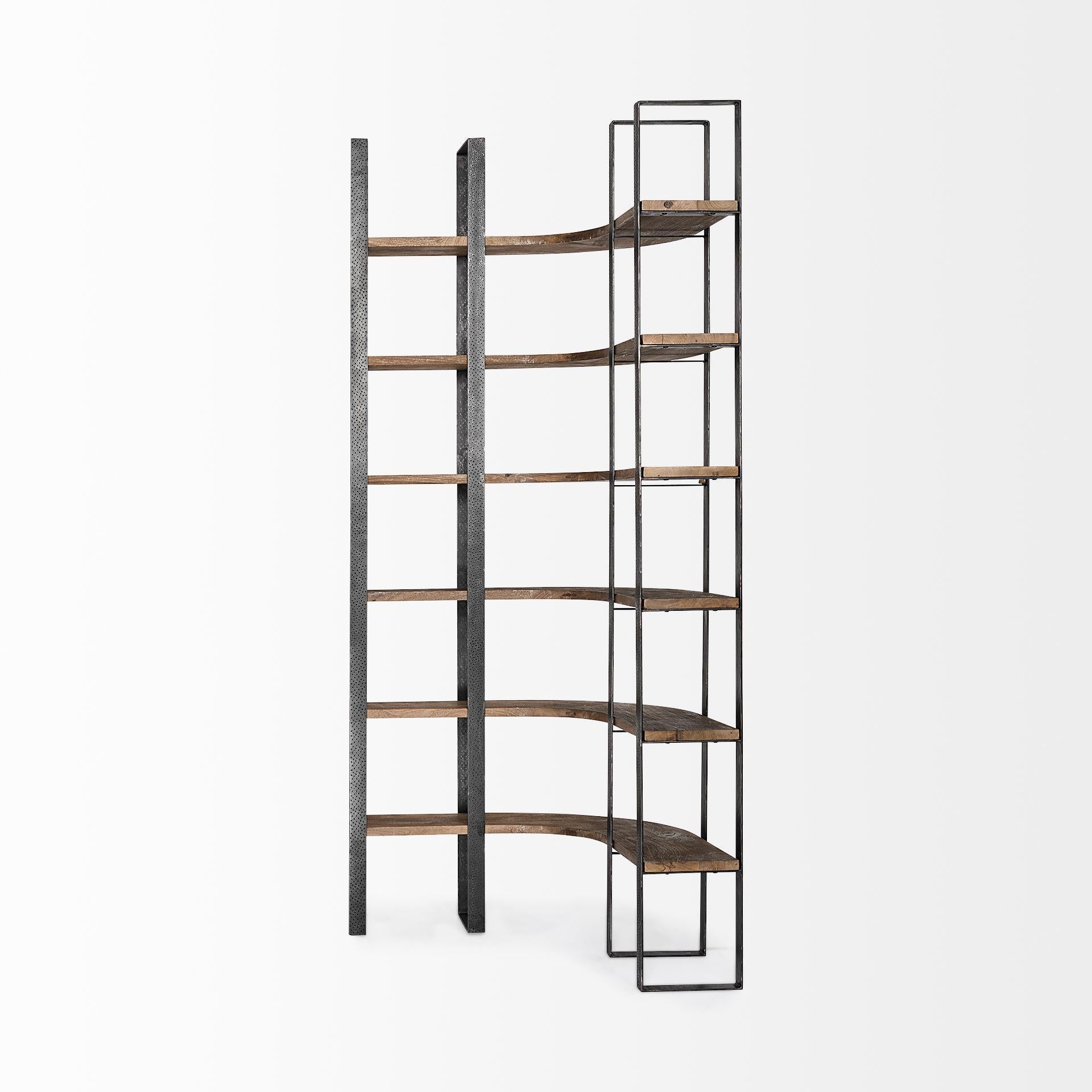 Curved Dark Brown Wood And Black Iron 6 Shelving Unit