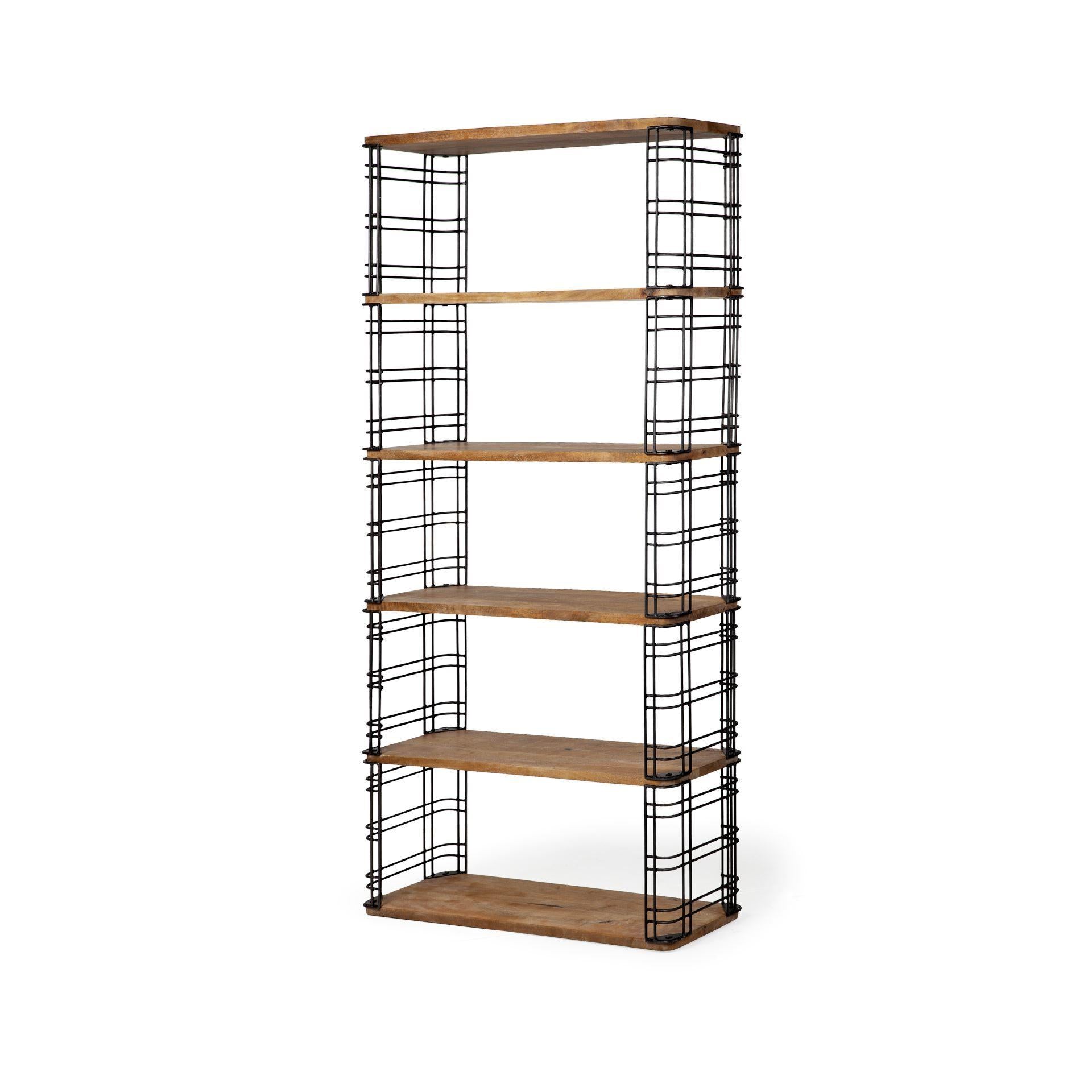 Brown Wood Shelving Unit with Metal Frame and 6 Shelves