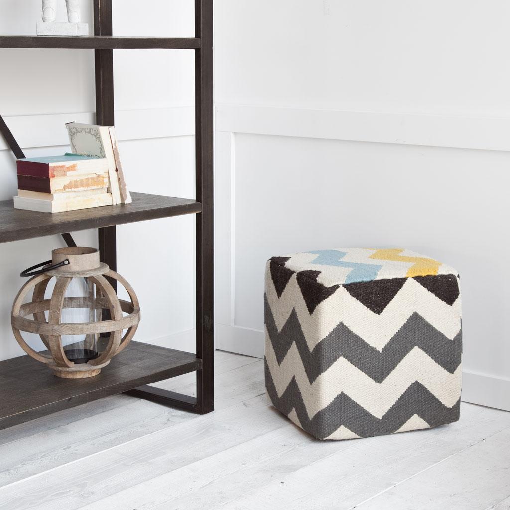 Ivory and Charcoal Wool Square Pouf with Zig Zag Pattern