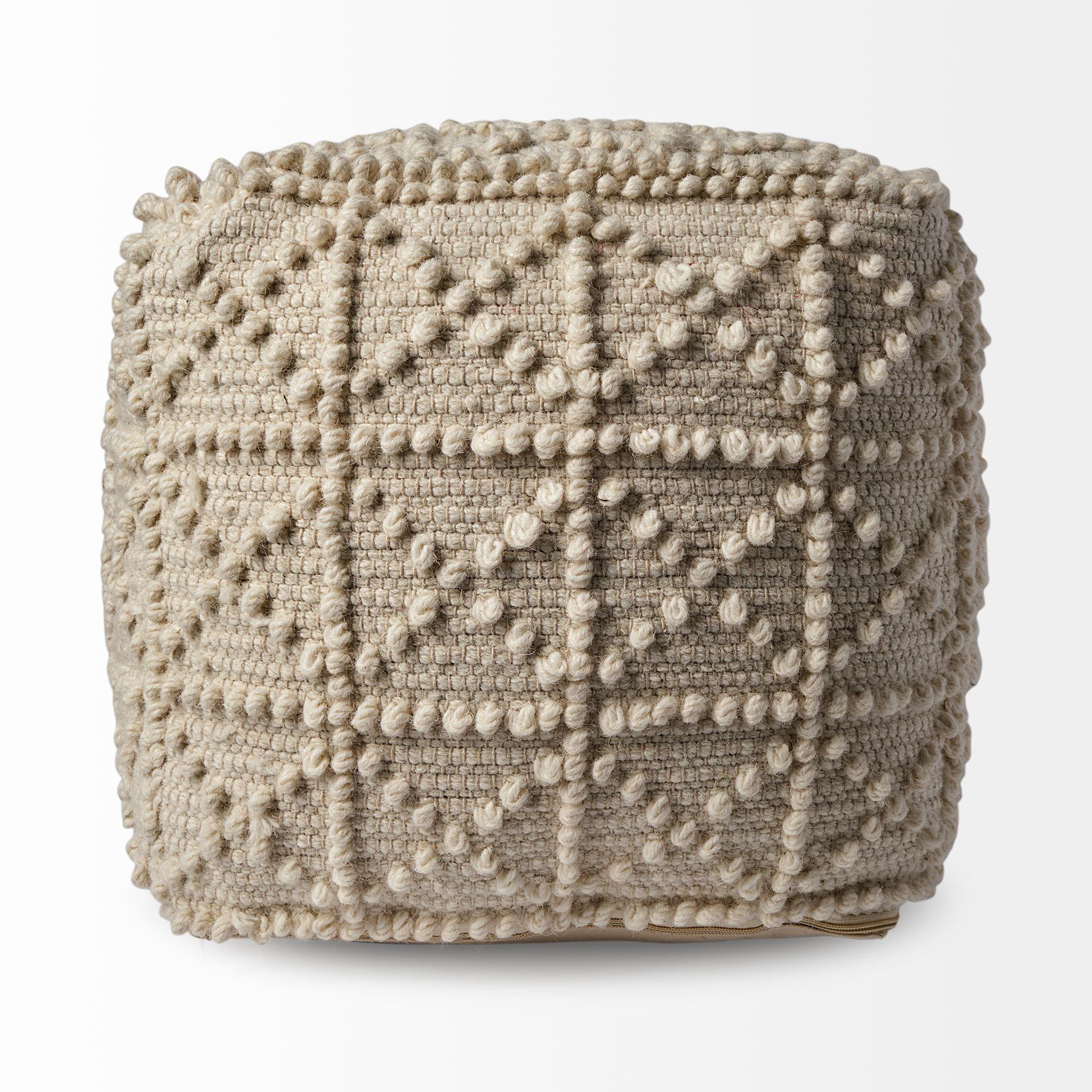 Ivory Wool Sqaure Pouf with Popcorn Detail