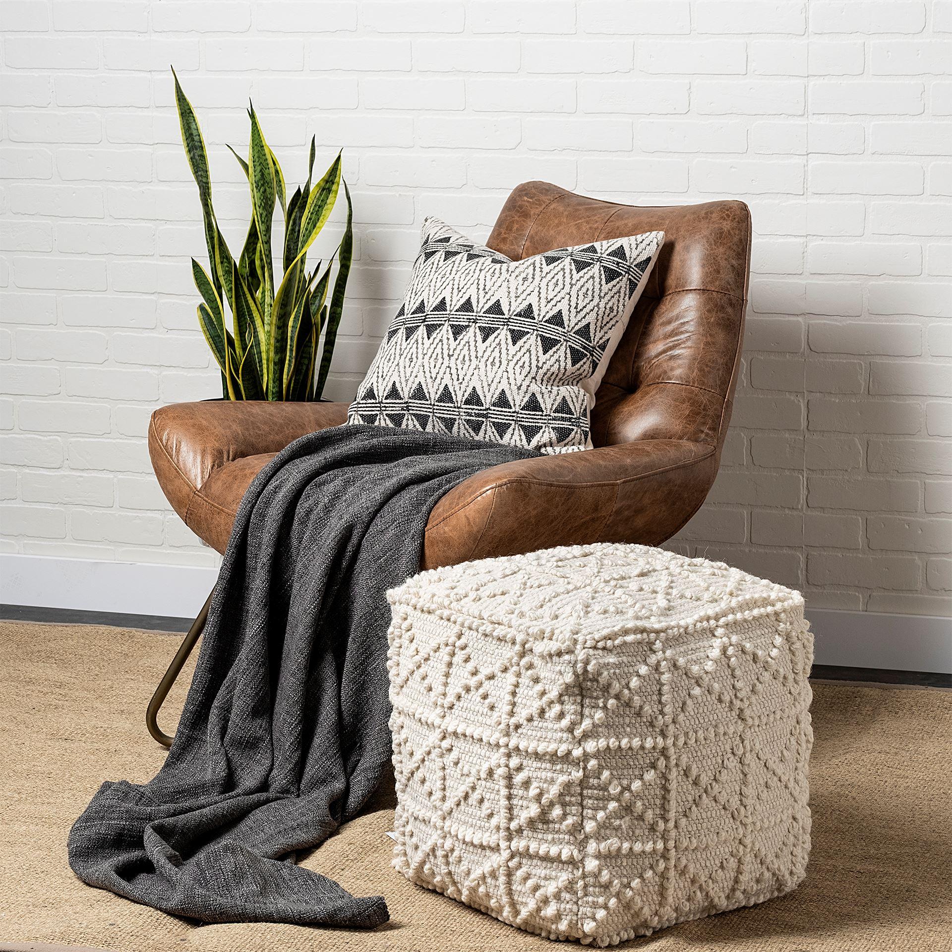 Ivory Wool Sqaure Pouf with Popcorn Detail