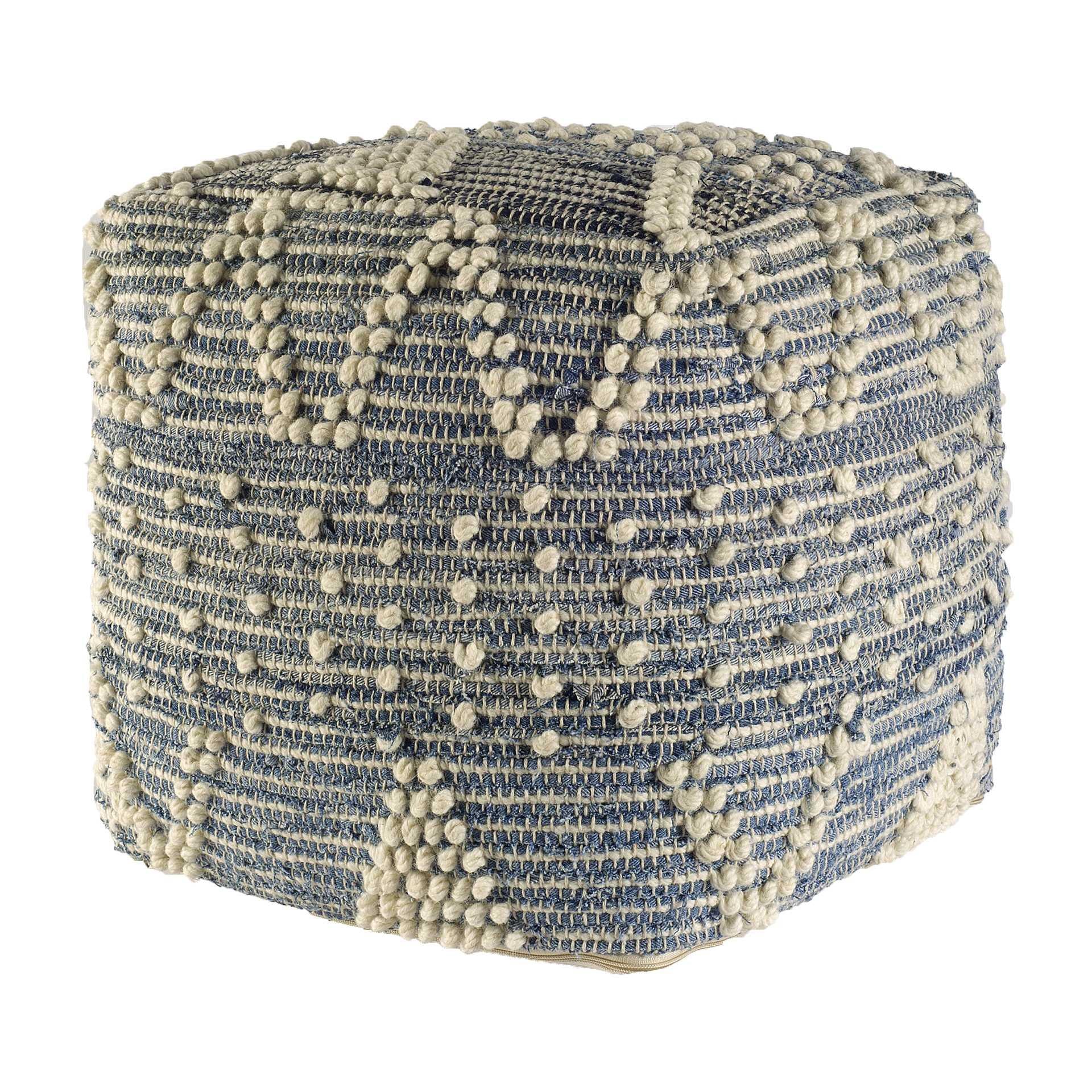 Blue Denim and Ivory Square Pouf with Cotton Stitched