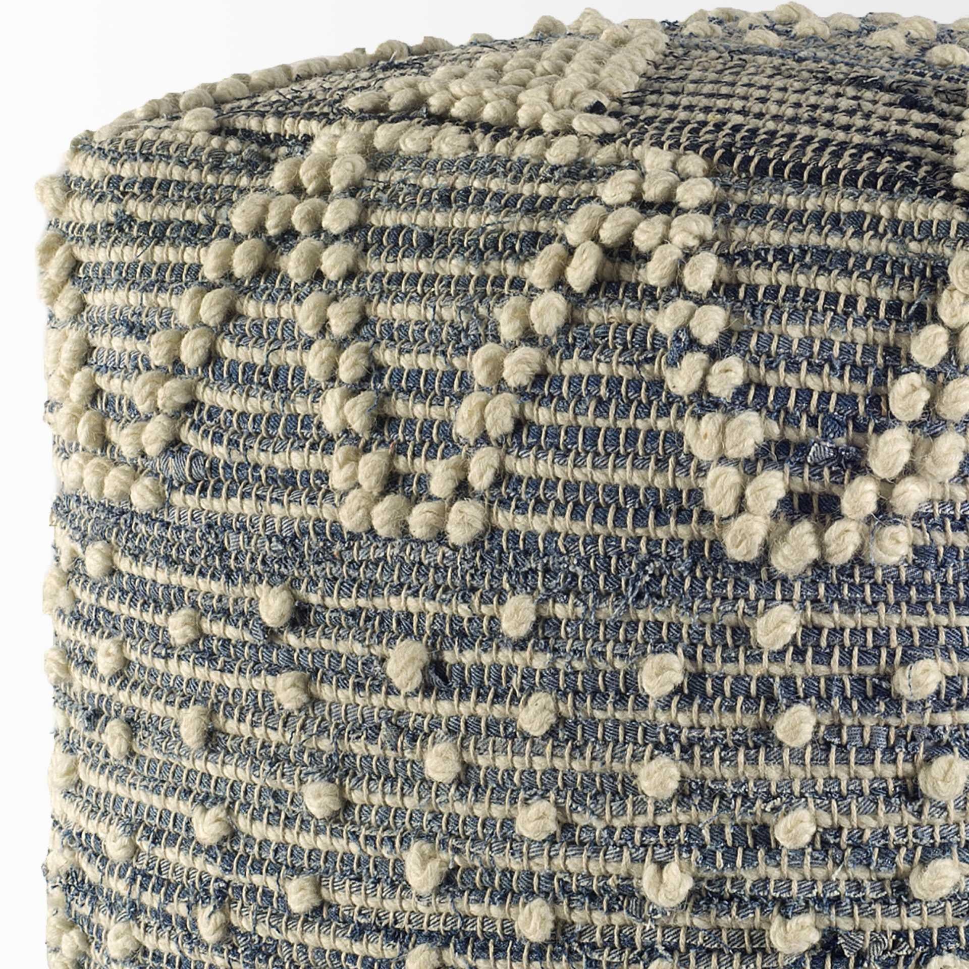 Blue Denim and Ivory Square Pouf with Cotton Stitched