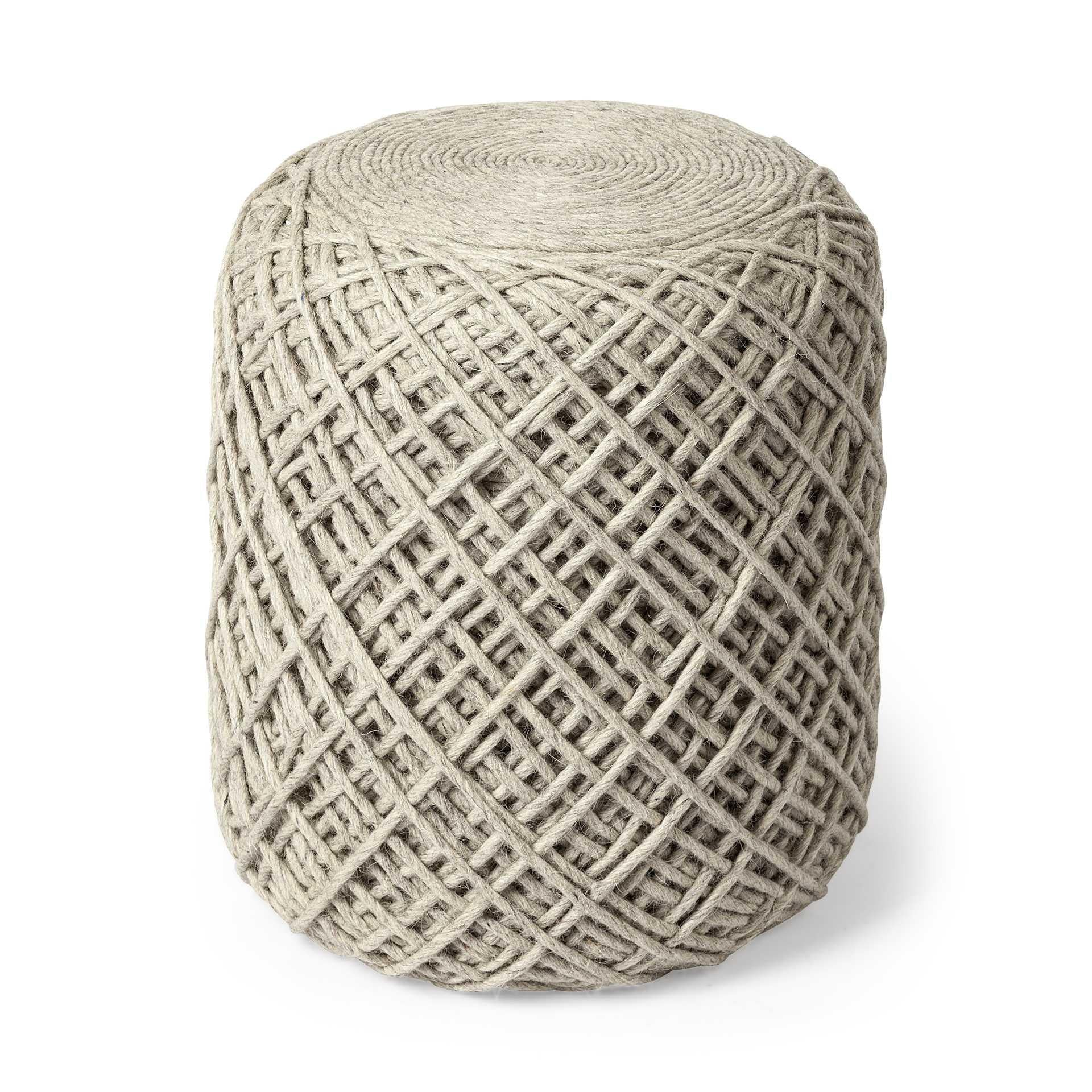 Oatmeal Wool Cylindrical Pouf with Diamond Pattern