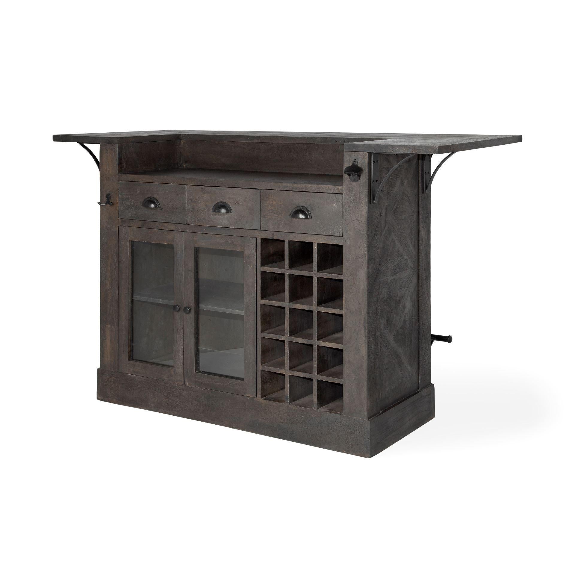 Gray Solid Wood Kitchen Island with Wine Bottle Storage