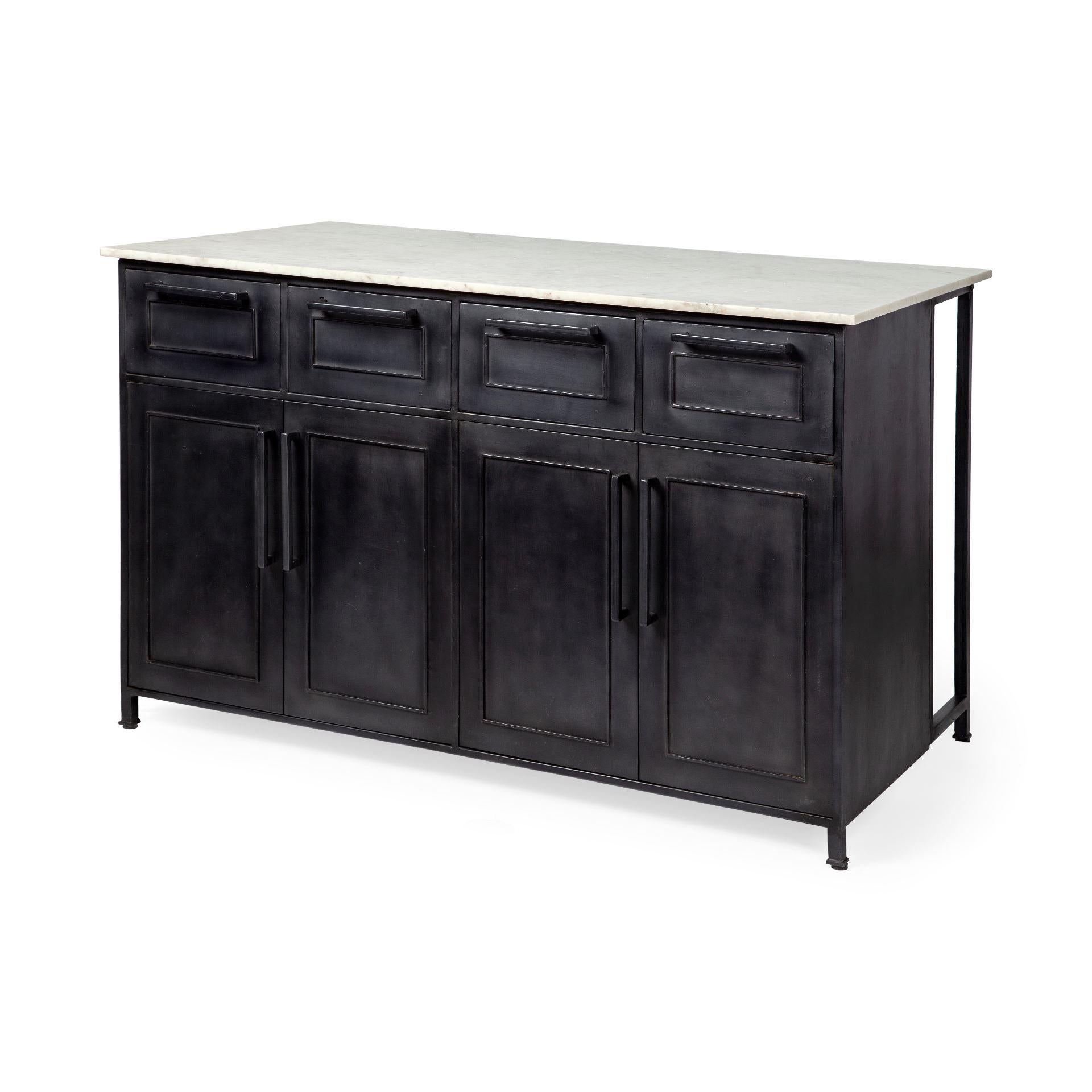 Solid Iron Black Body White Marble Top Kitchen Island with 4 Drawer