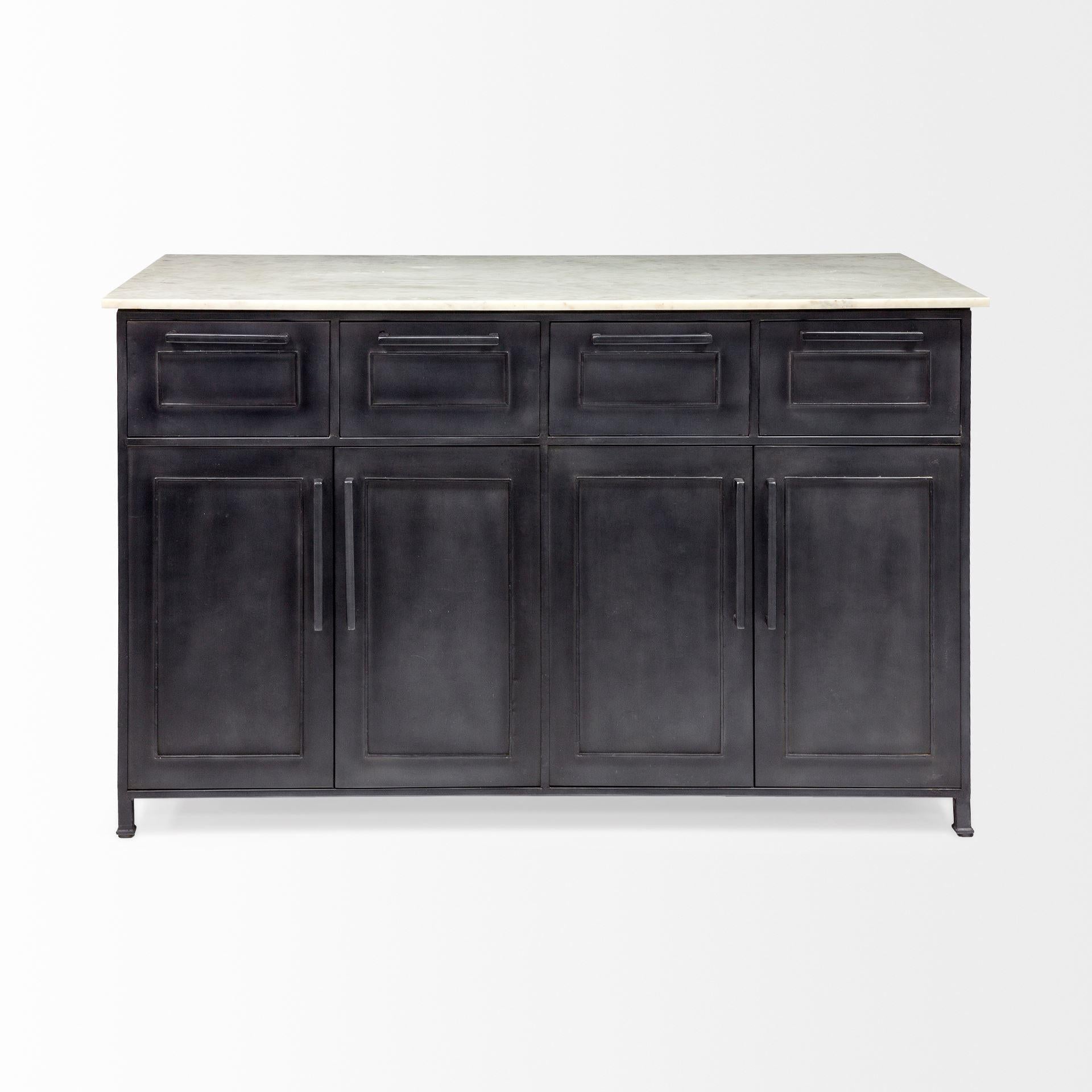 Solid Iron Black Body White Marble Top Kitchen Island with 4 Drawer