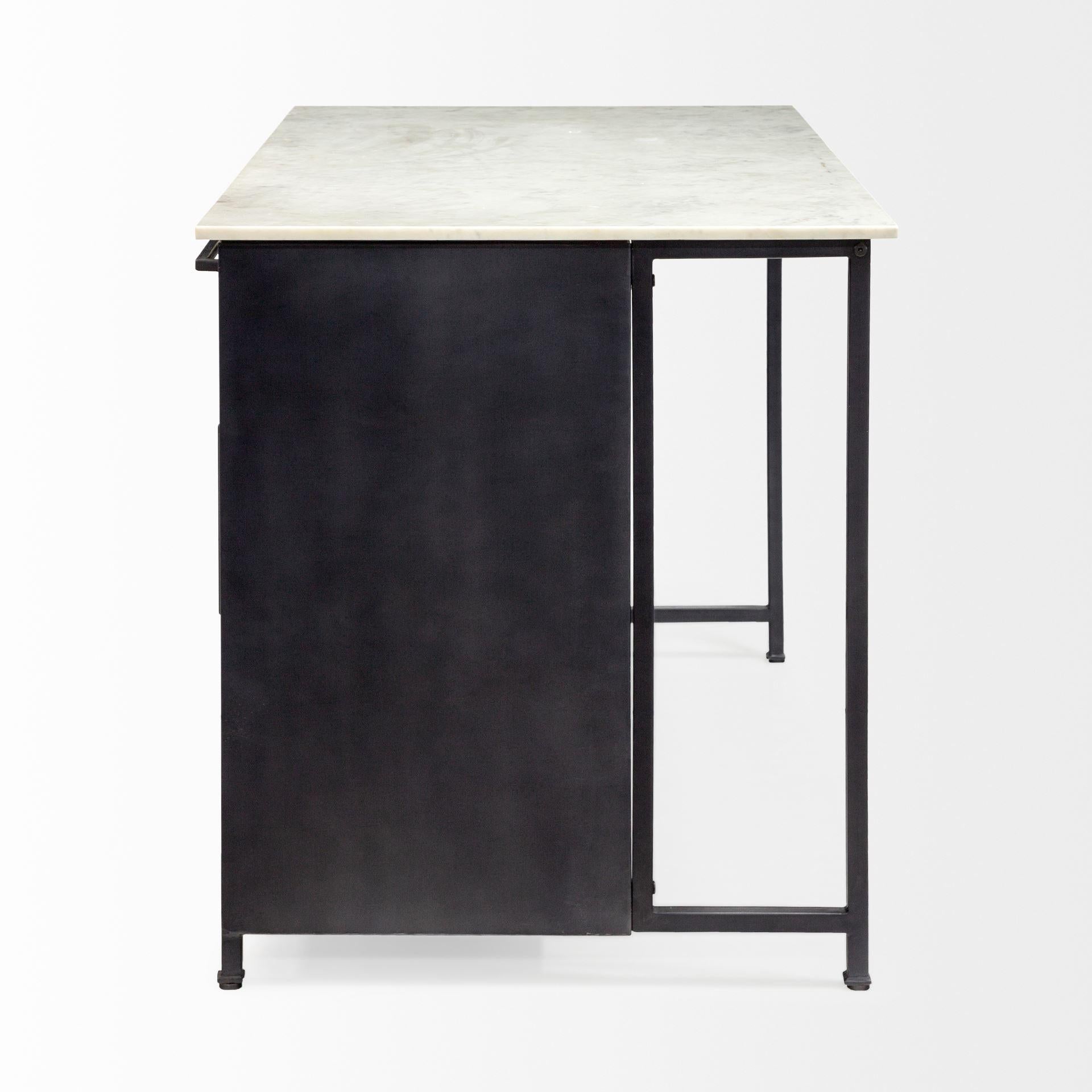 Solid Iron Black Body White Marble Top Kitchen Island with 4 Drawer