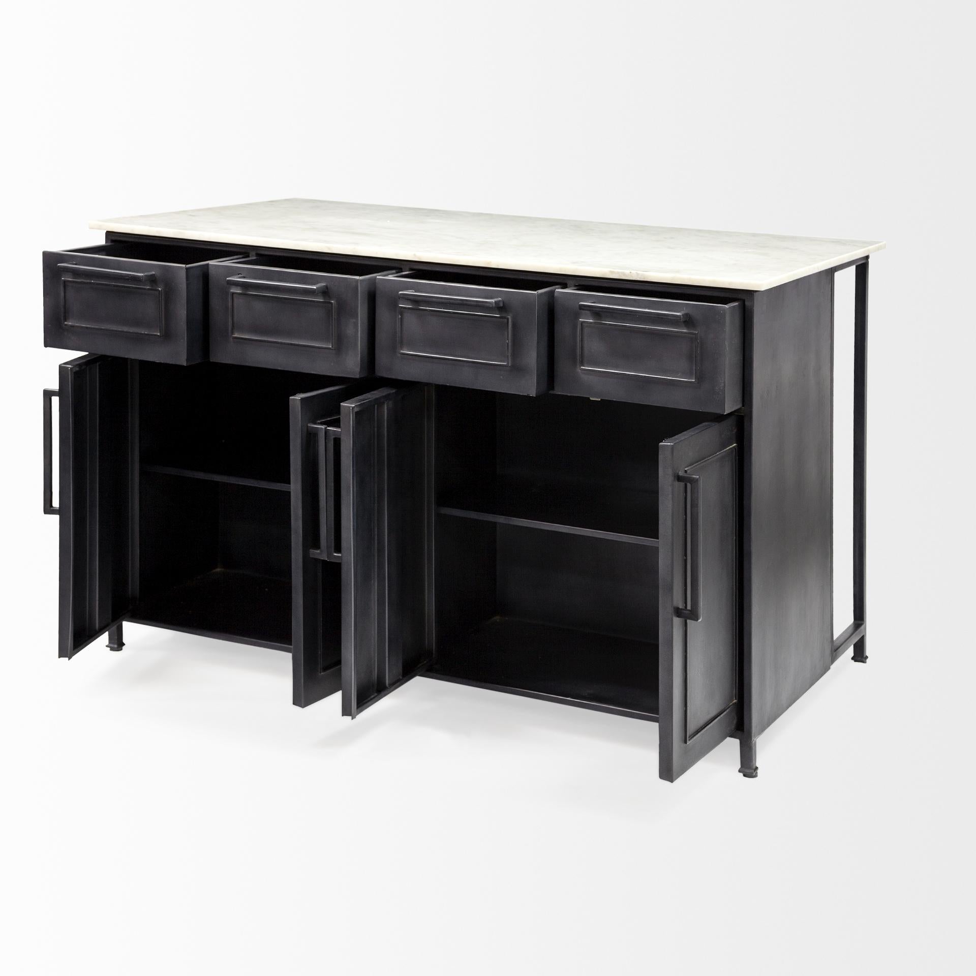 Solid Iron Black Body White Marble Top Kitchen Island with 4 Drawer