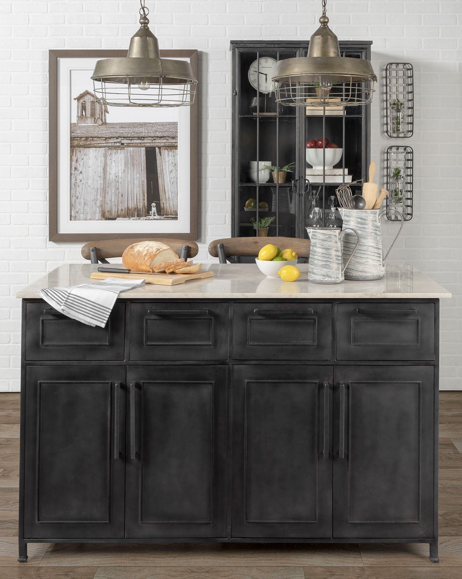 Solid Iron Black Body White Marble Top Kitchen Island with 4 Drawer