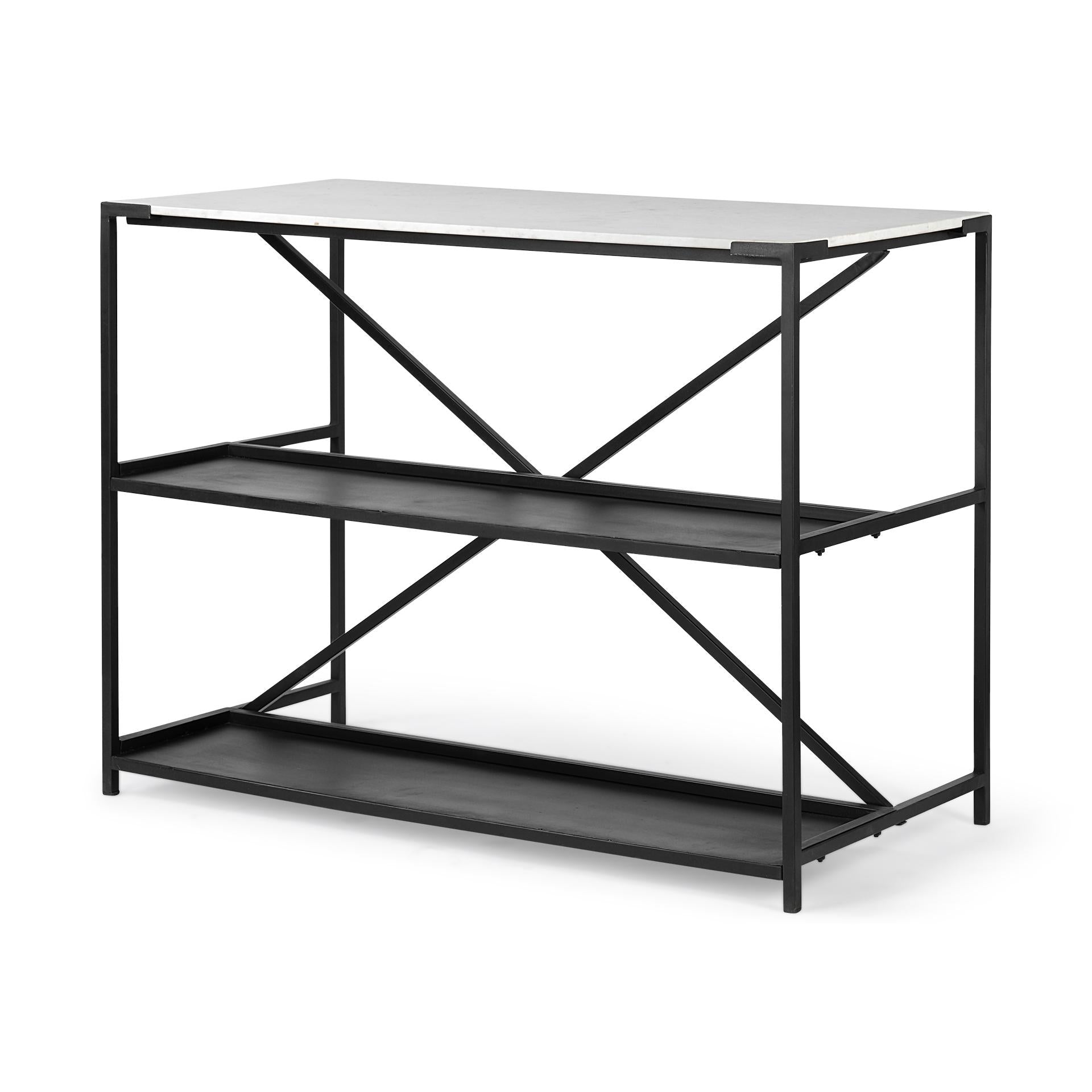 Black Two Tier Iron Body Kitchen Island with White Marble Top