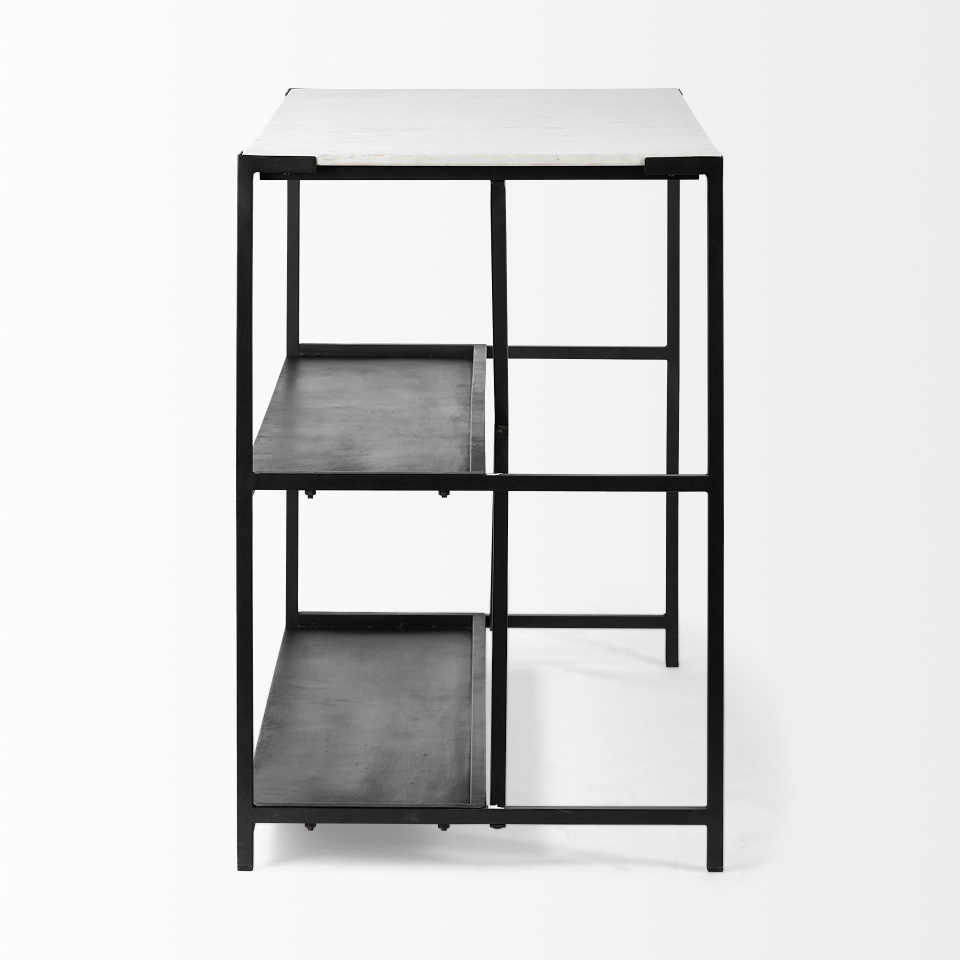 Black Two Tier Iron Body Kitchen Island with White Marble Top