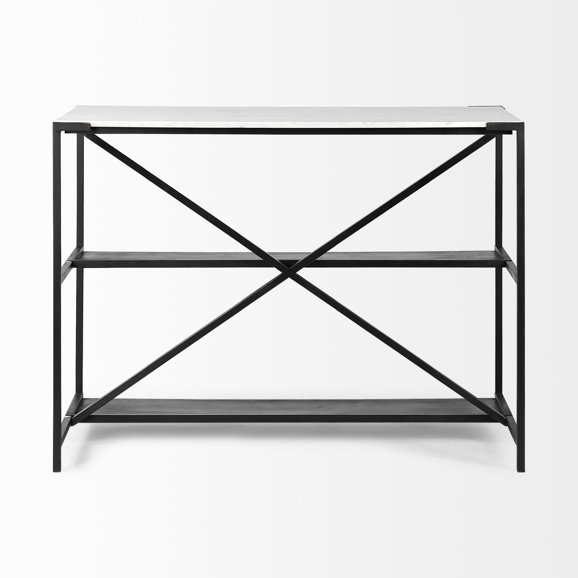 Black Two Tier Iron Body Kitchen Island with White Marble Top