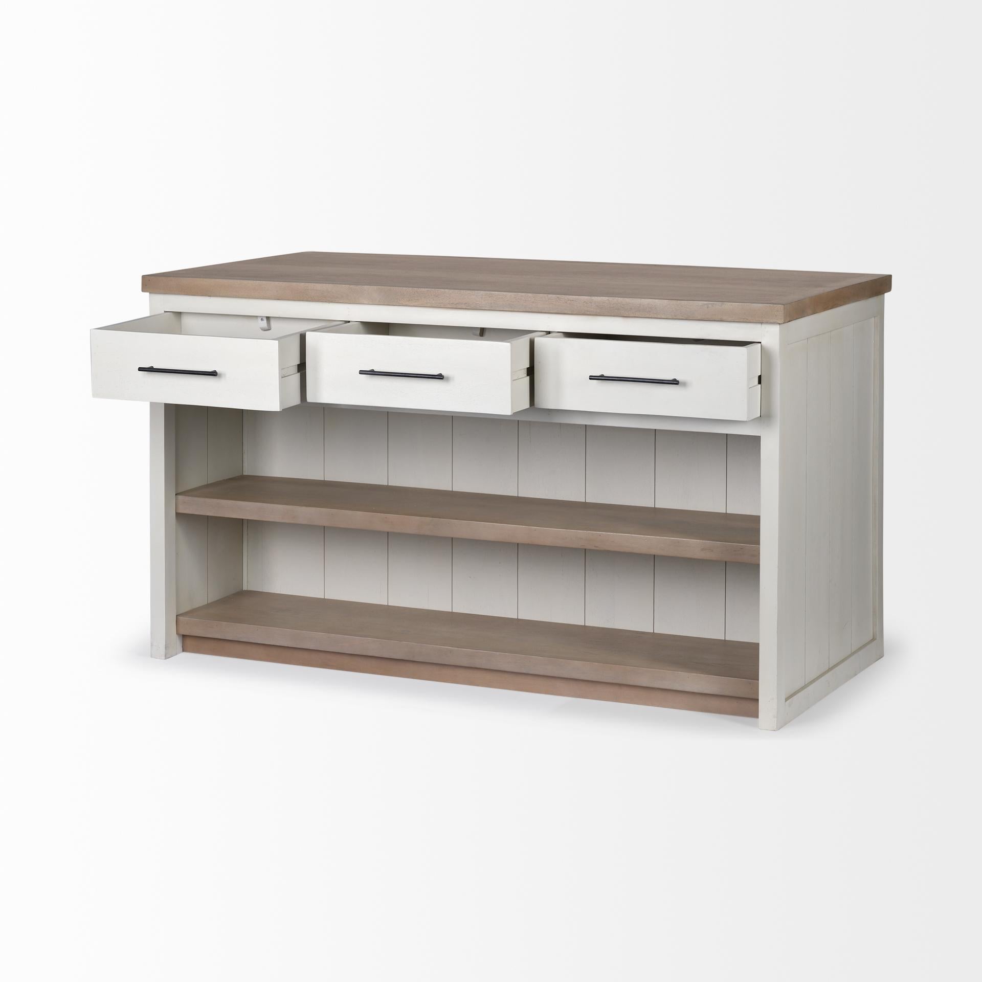 White and Brown Two Tone Wooden Kitchen Island with 3 Drawers