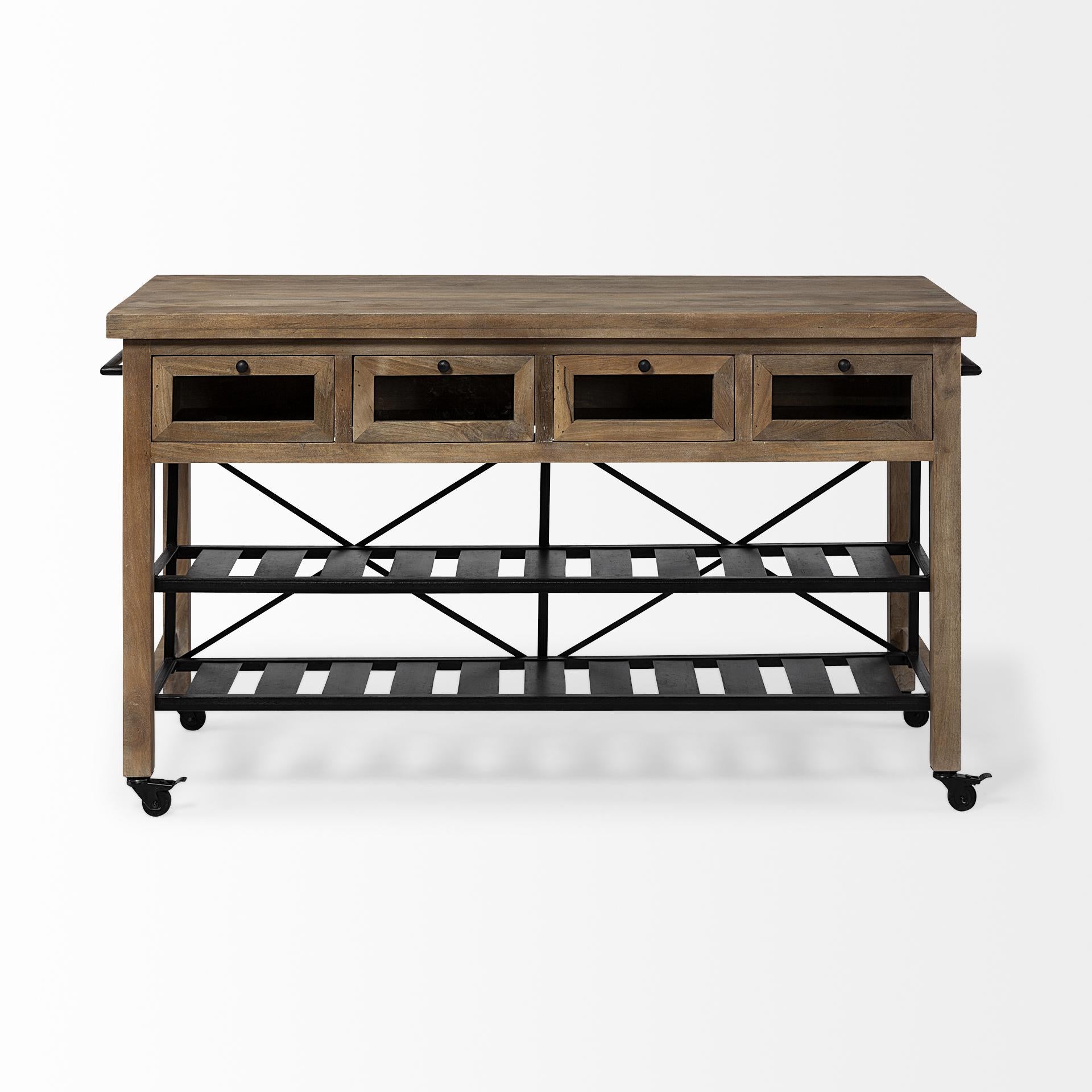 Brown Solid Wood Top Kitchen Island with Two Tier Black Metal Rolling