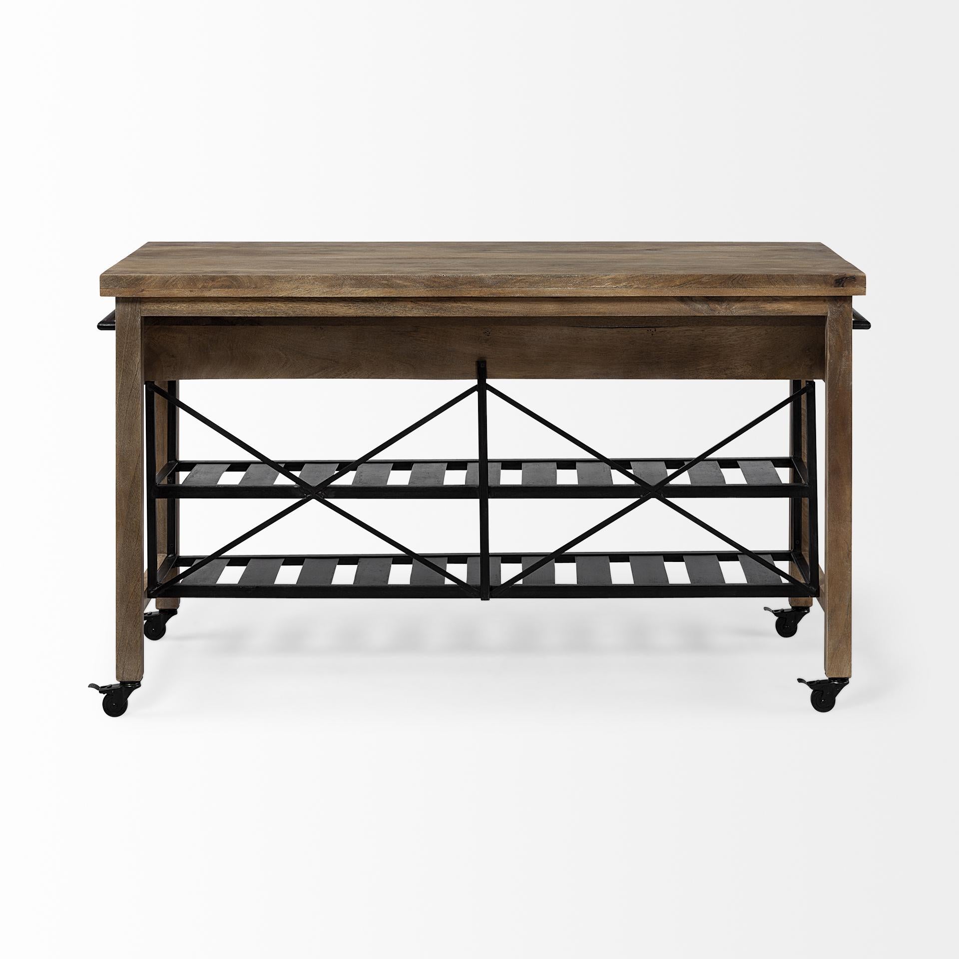 Brown Solid Wood Top Kitchen Island with Two Tier Black Metal Rolling