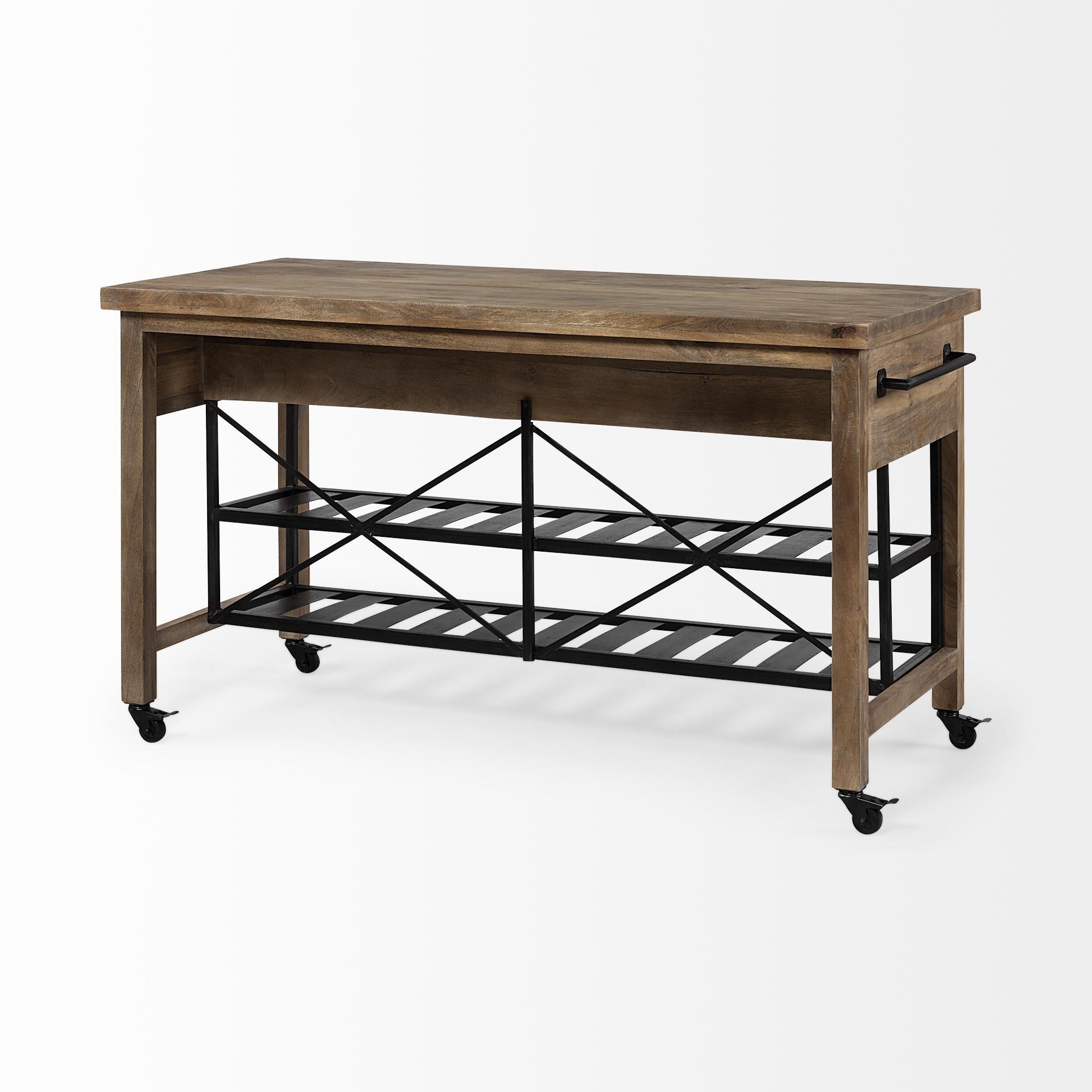 Brown Solid Wood Top Kitchen Island with Two Tier Black Metal Rolling