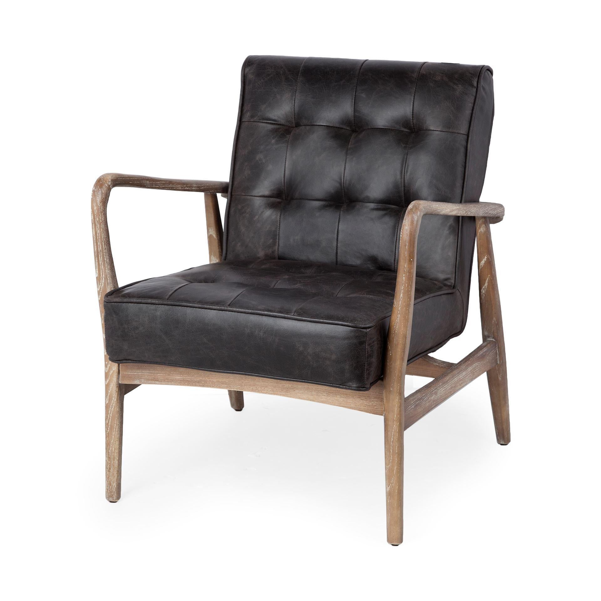 Black Leather Accent Chair with Wrapped Ash Wood Frame